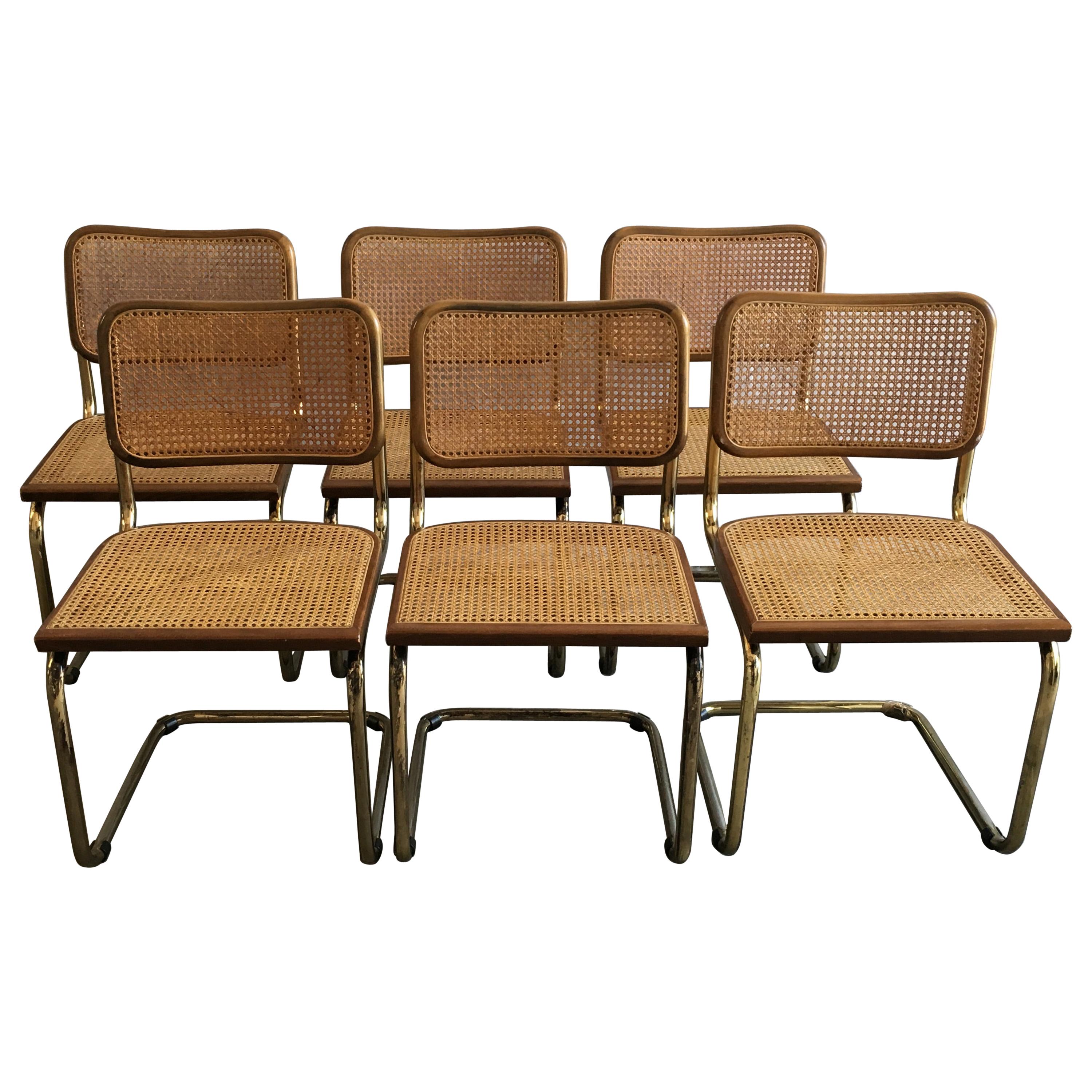 Mid-Century Modern Italian Set of 6 Gilt Metal "Cesca" Chairs by Marcel Breuer