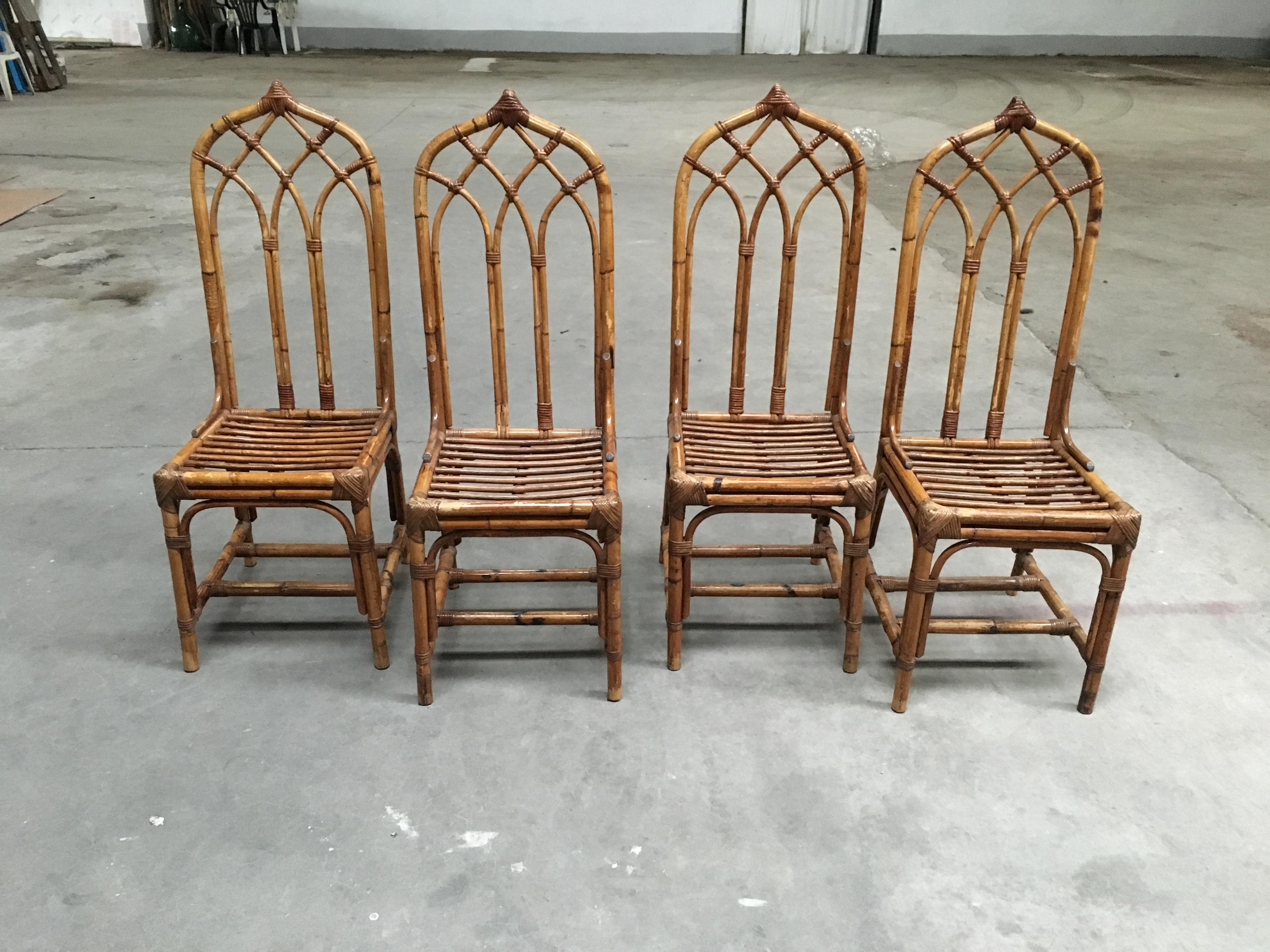 Mid-Century Modern Italian set of bamboo and rattan Regency style chairs. 1960s.