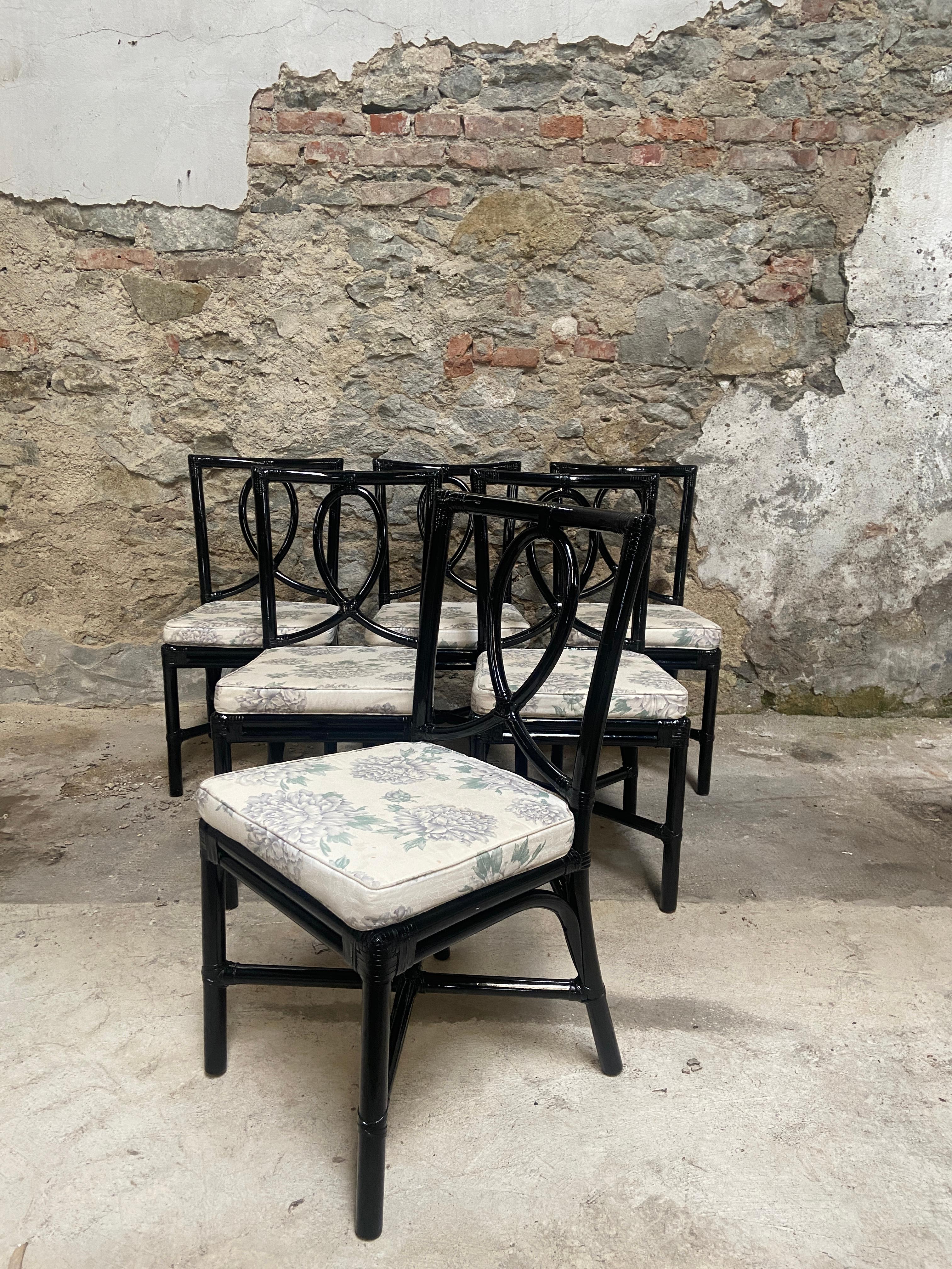 Late 20th Century Mid-Century Modern Italian Set of Black Painted Bamboo Chairs from Vivai del Sud For Sale