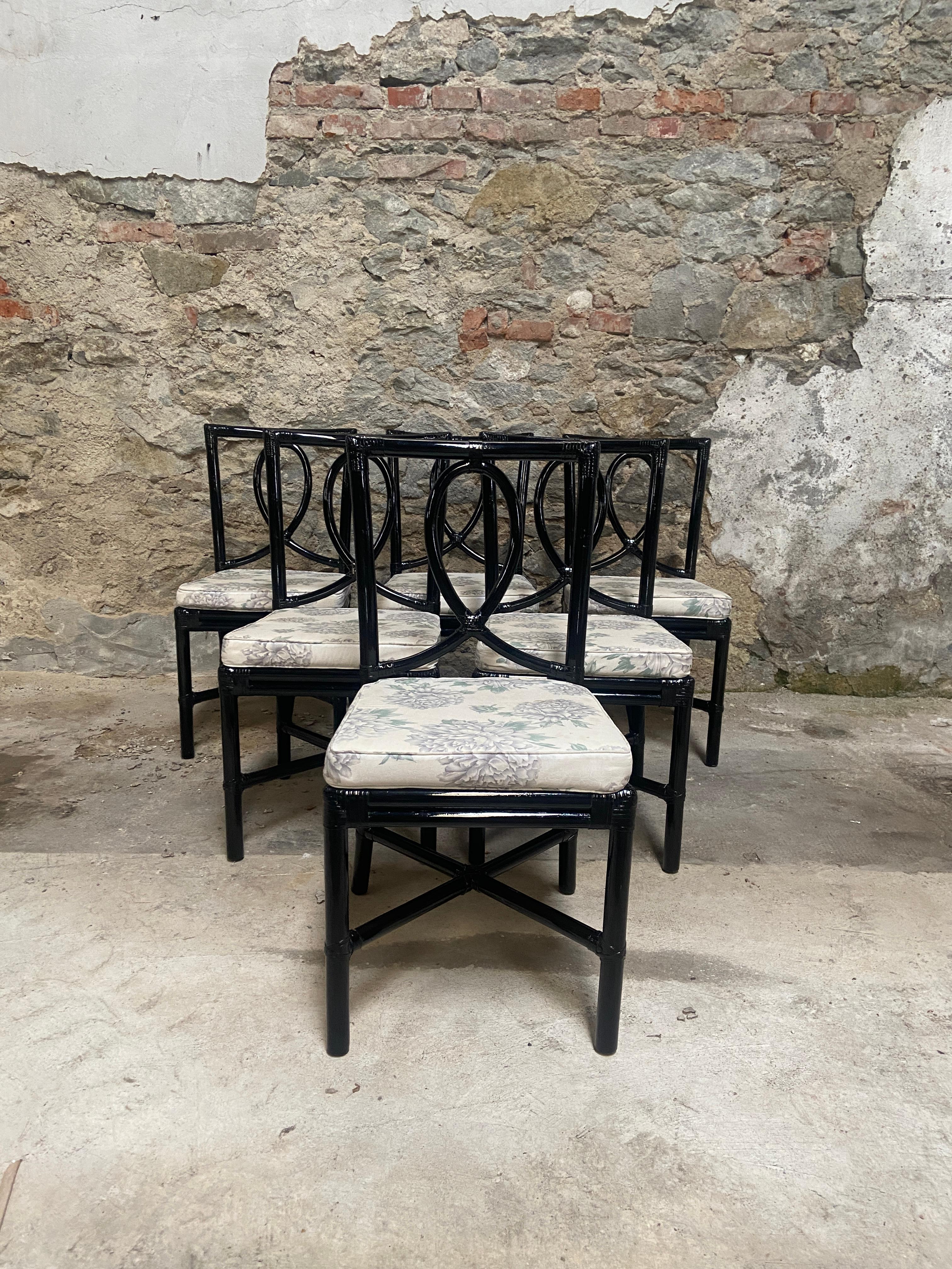 Fabric Mid-Century Modern Italian Set of Black Painted Bamboo Chairs from Vivai del Sud For Sale