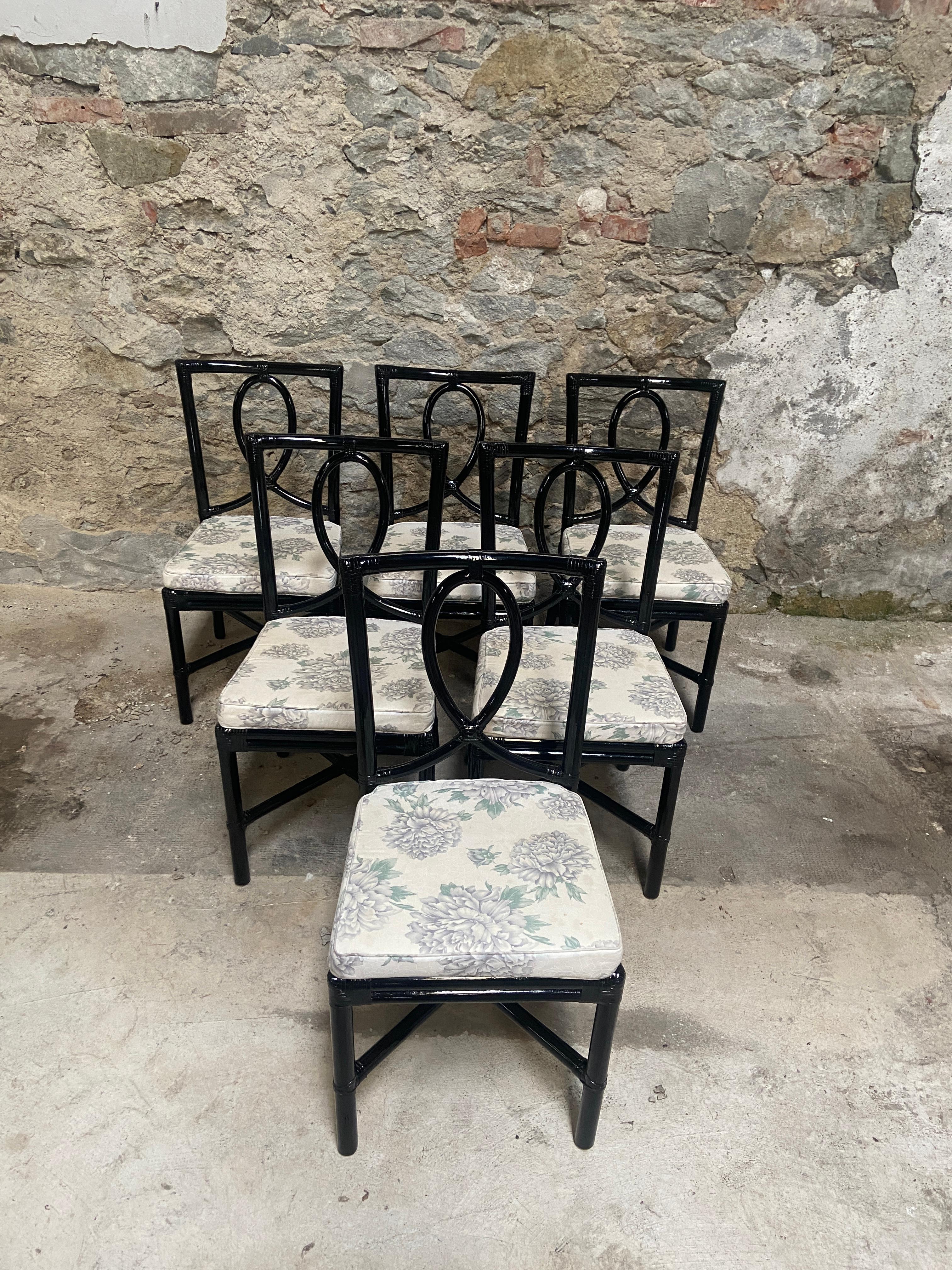 Mid-Century Modern Italian Set of Black Painted Bamboo Chairs from Vivai del Sud For Sale 1