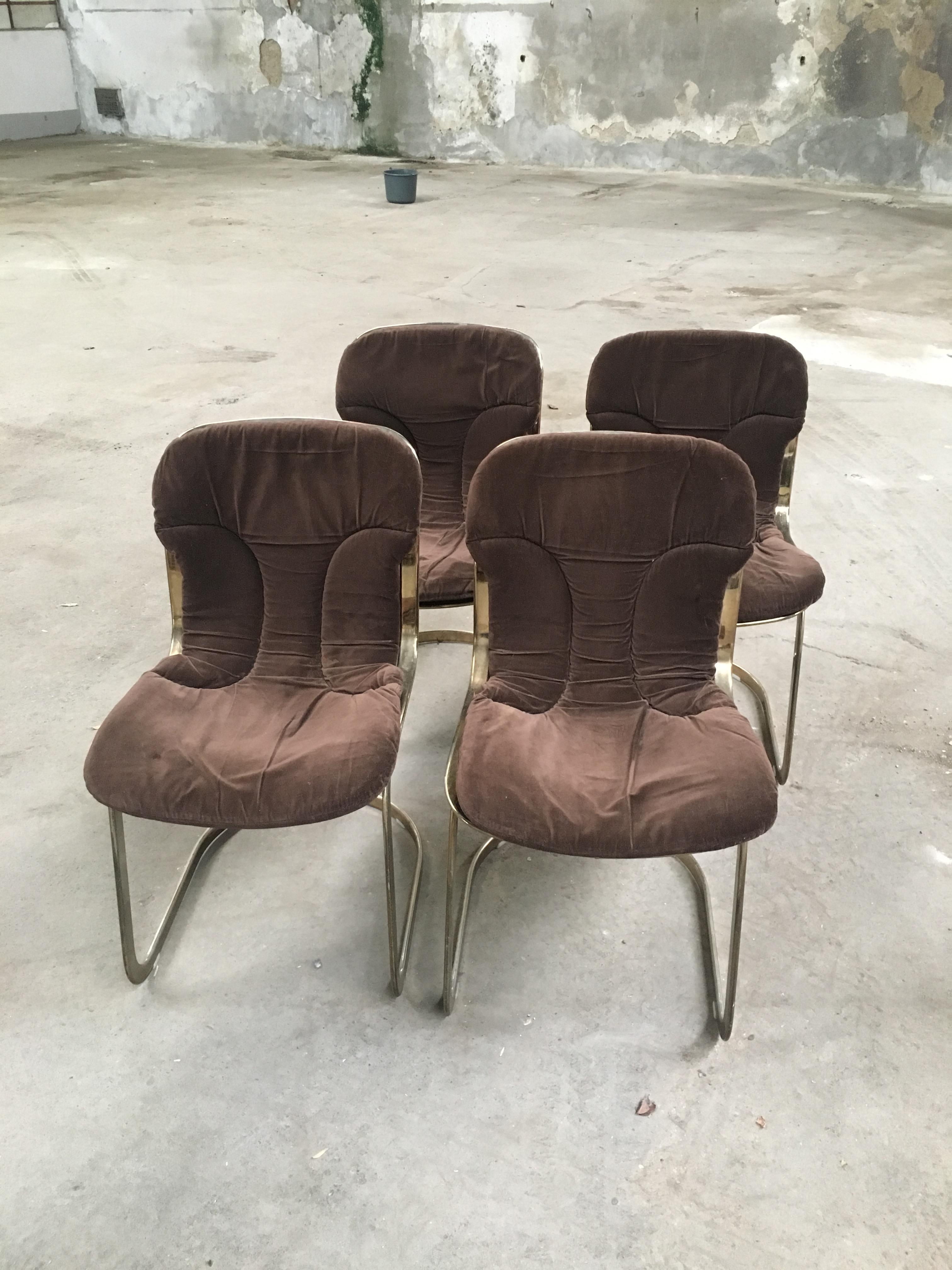 Mid-Century Modern Italian set of four Cidue gilt metal chairs with original brown fabric by Willy Rizzo. 1970s.