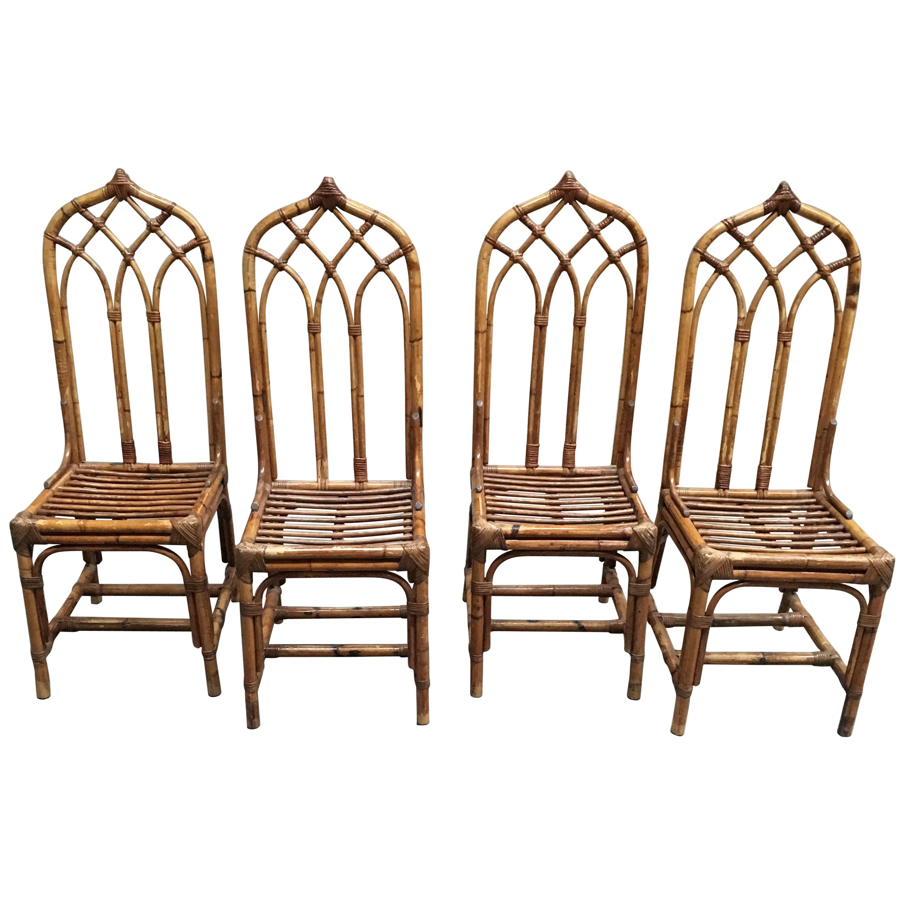 Mid-Century Modern Italian Set of Four Bamboo and Rattan Chairs, 1960s