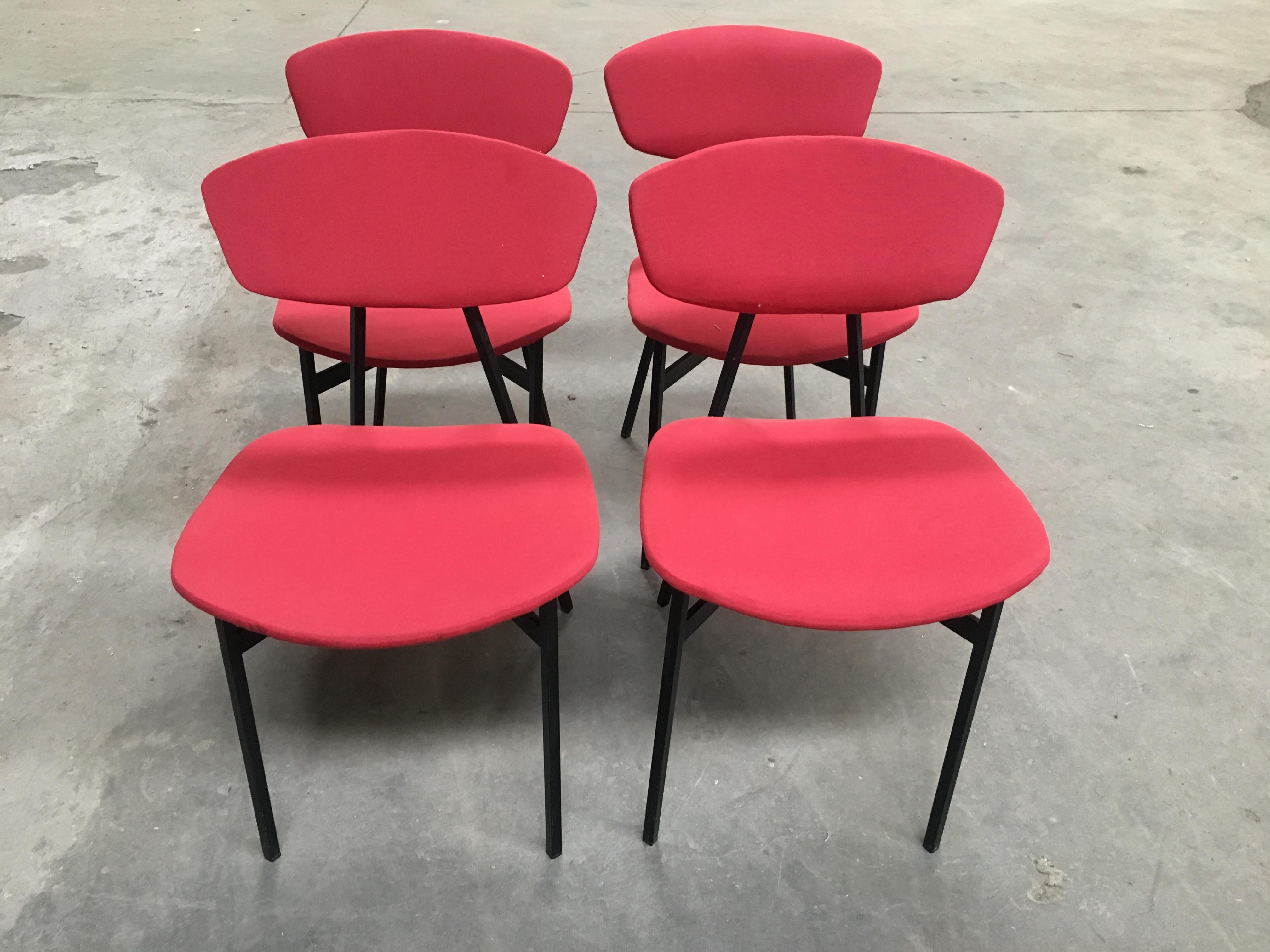 Mid-Century Modern Italian set of four dining or desk black iron chairs with original red upholstery, 1960s.