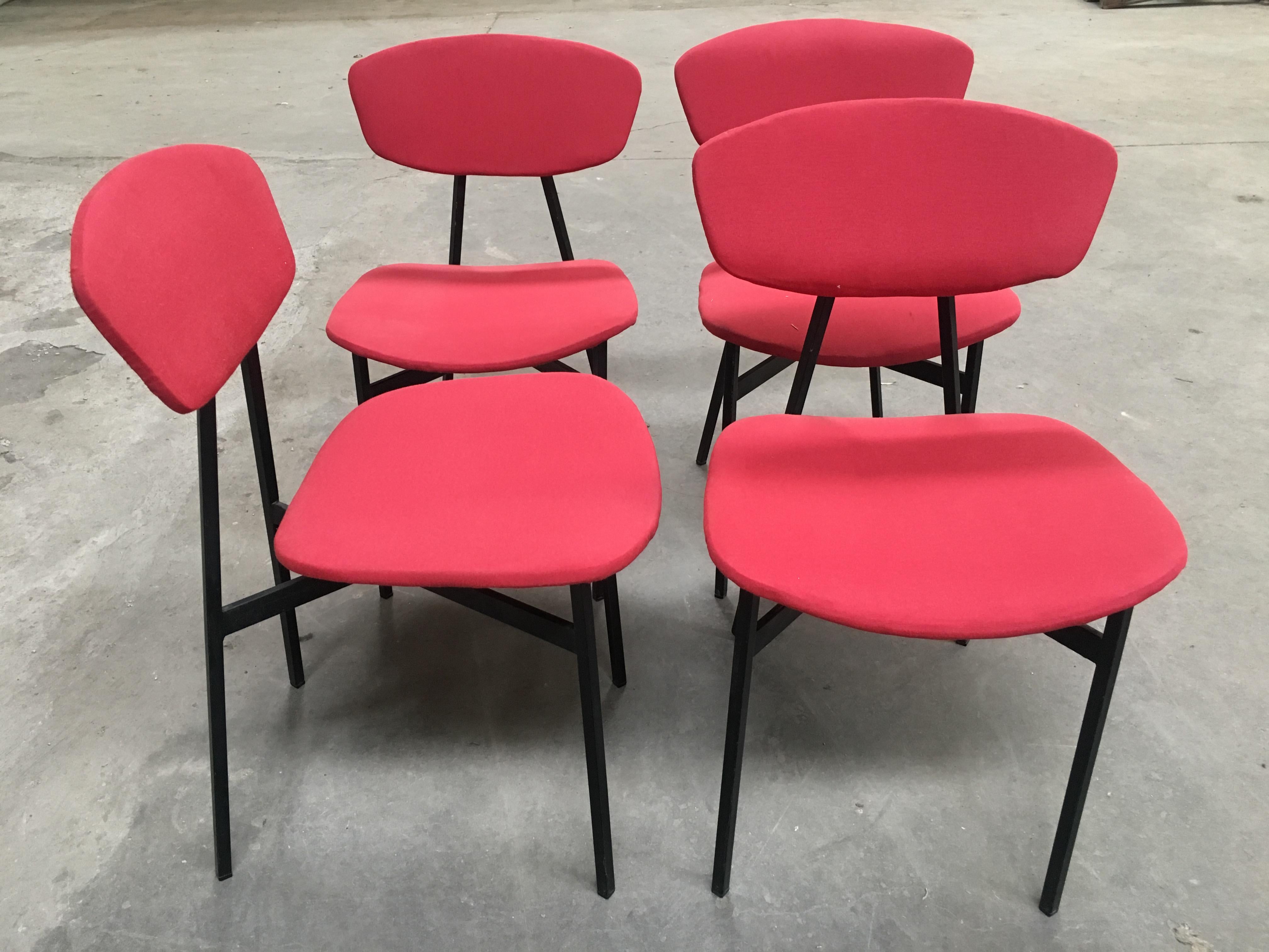 Lacquered Mid-Century Modern Italian Set of Four Dining Upholstered Chairs, 1960s For Sale