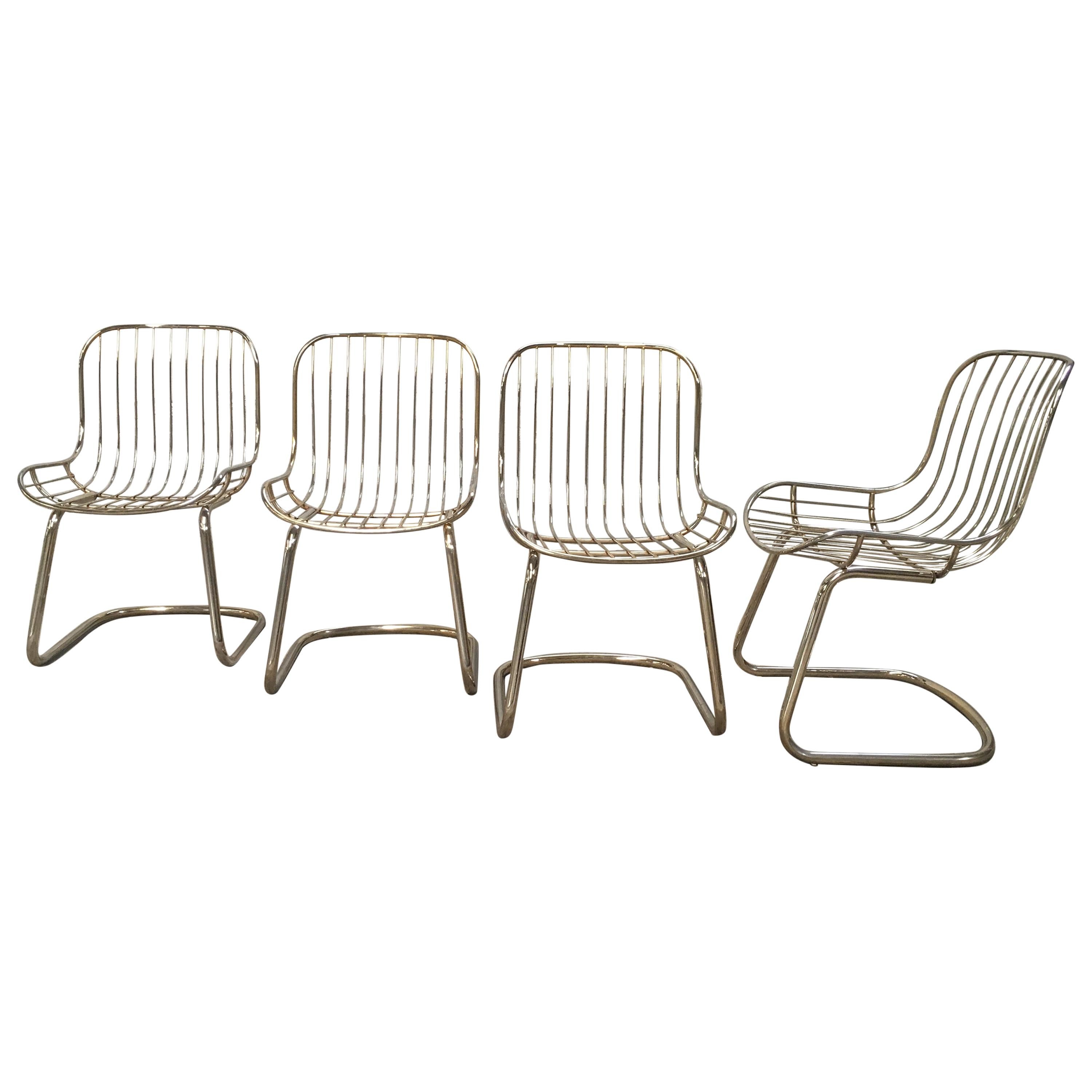 Mid-Century Modern Italian Set of Four Gilt Metal Dining Chairs. 1970s
