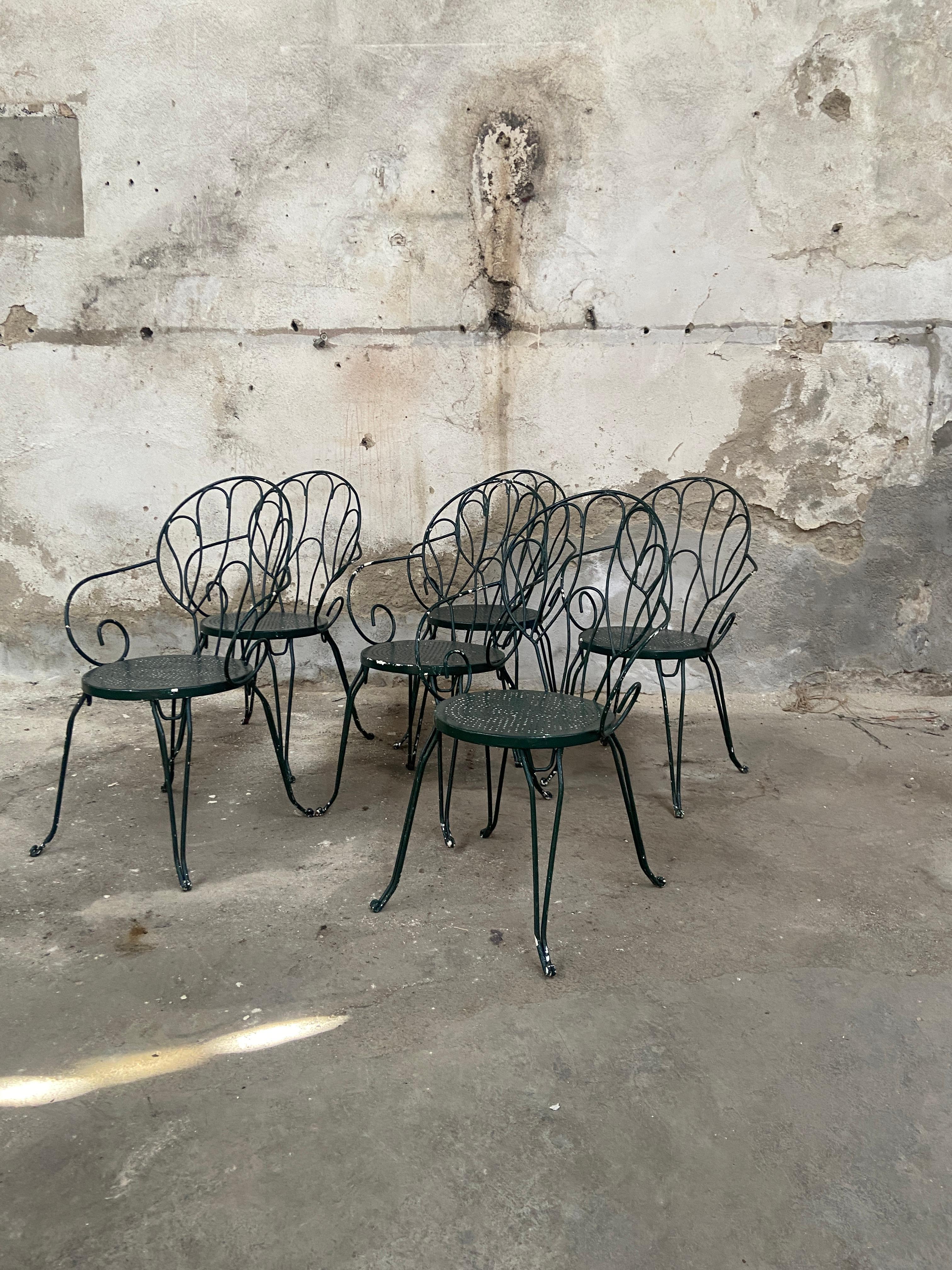 Mid-Century Modern Italian Set of Green Painted Iron Garden Chairs from 1960s For Sale 1