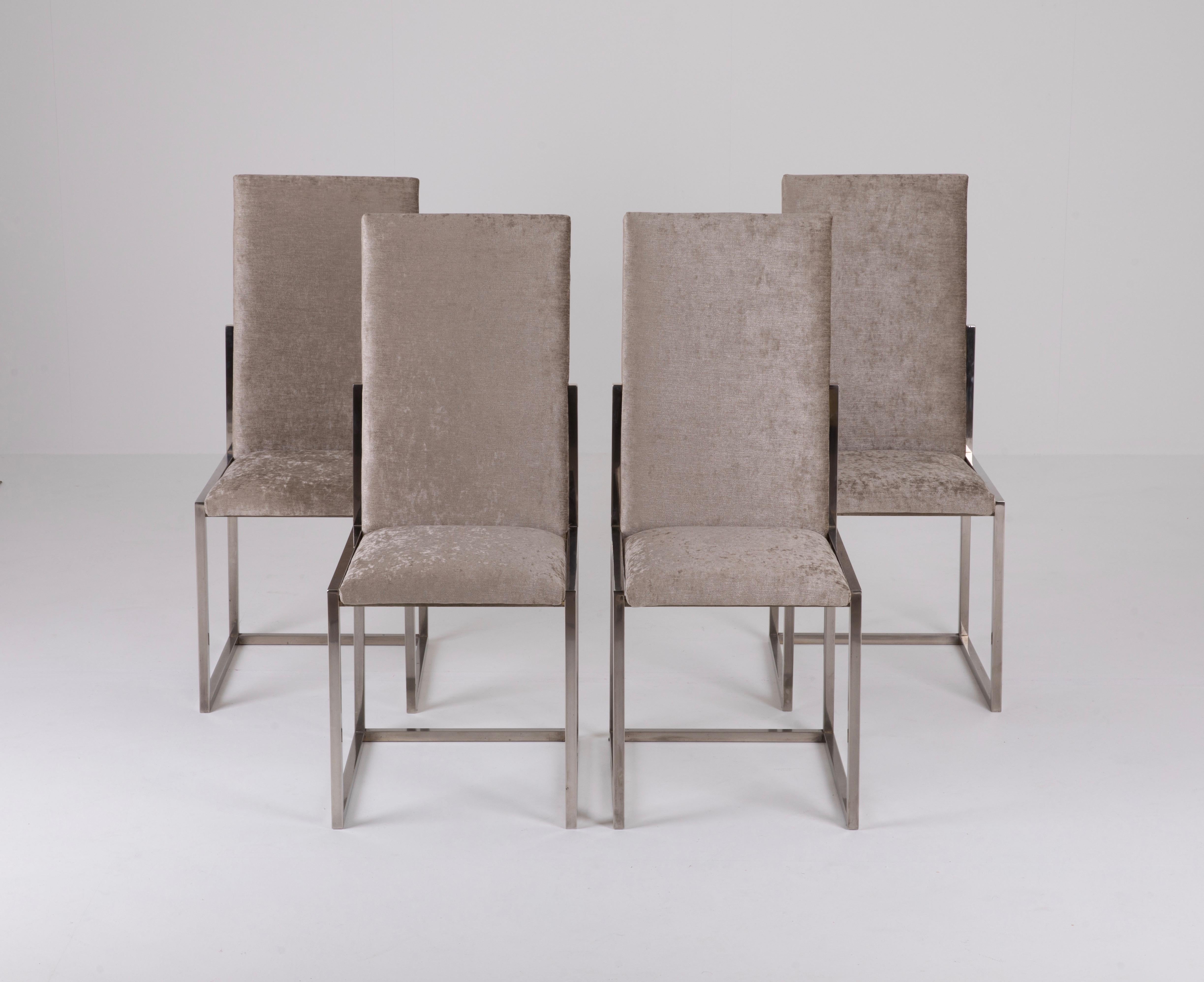 Mid-Century Modern Italian Set of Romeo Rega Chrome Chairs with Chenille Fabric In Good Condition In Prato, IT