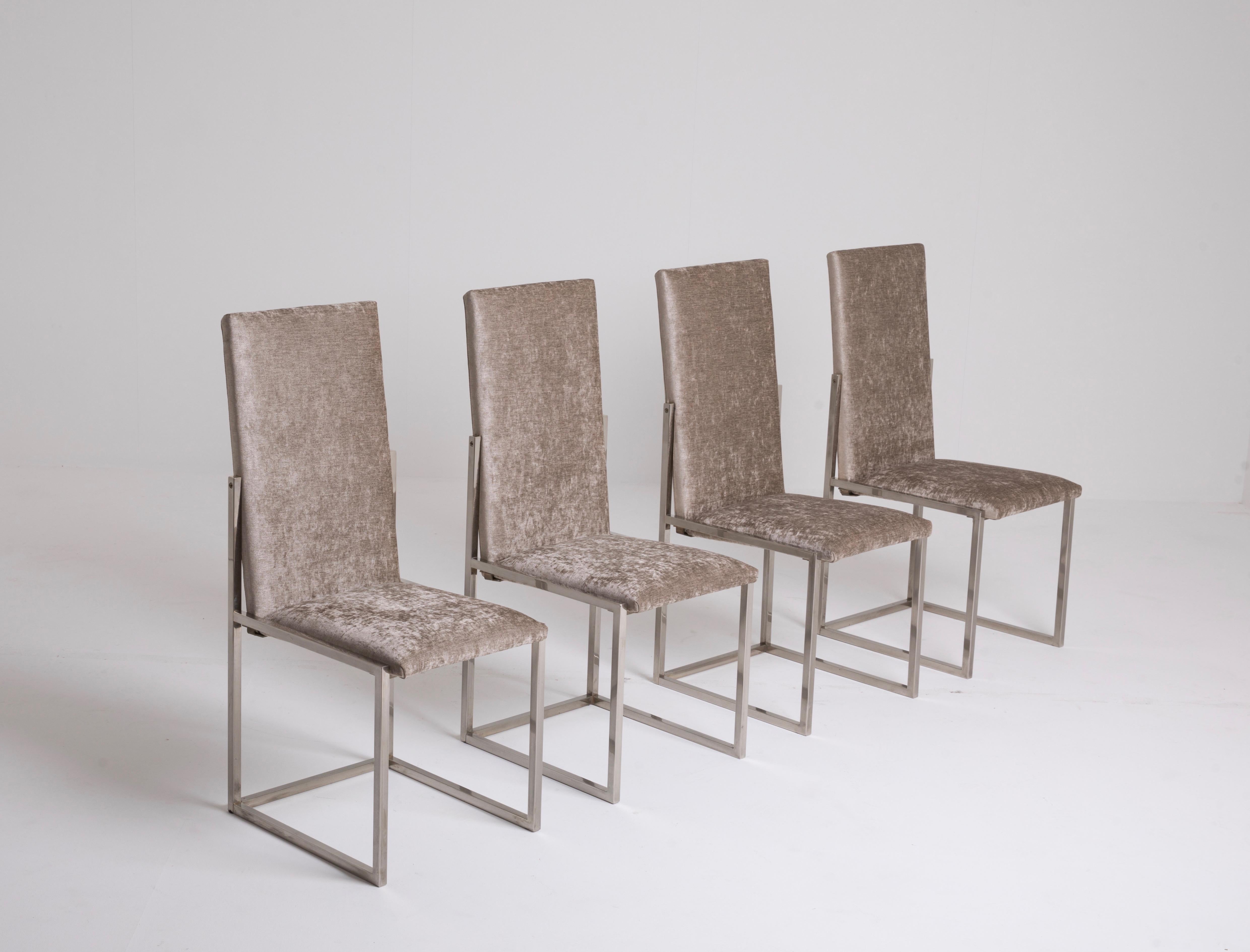 Four dining chairs with chrome structure attributed to Romeo Rega. Newly upholstered in grey chenille. Excellent restored conditions