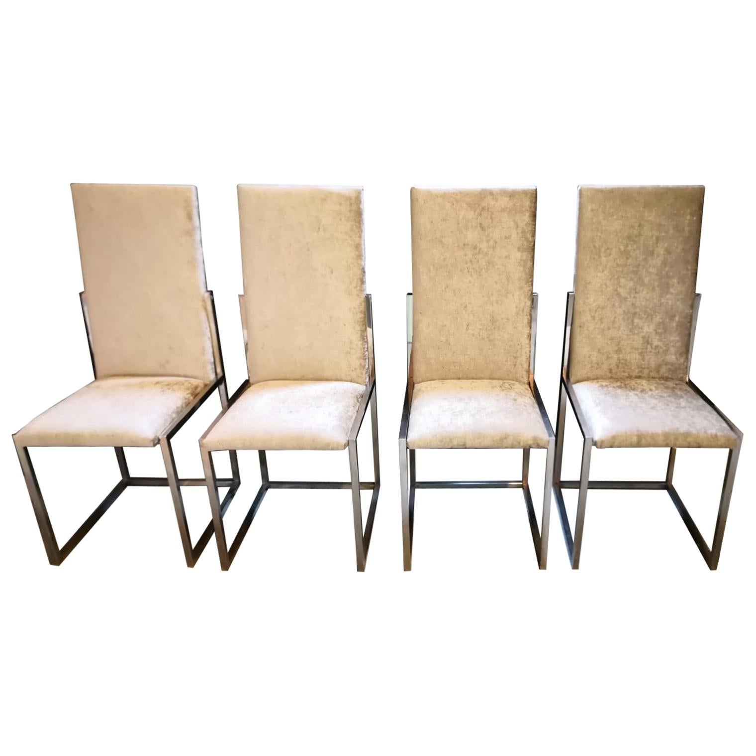 Mid-Century Modern Italian Set of Romeo Rega Chrome Chairs with Chenille Fabric