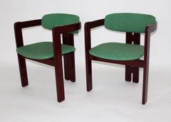 Mid-Century Modern Pair Beech Burgundy Red Green Vintage Dining Chairs, 1970s