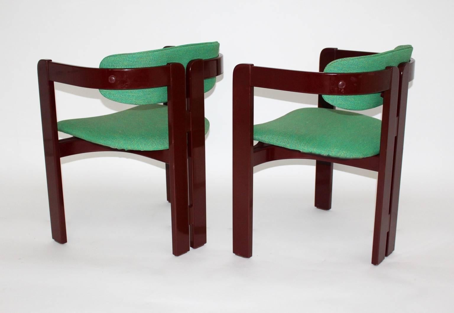 20th Century Mid-Century Modern Italian Set of Two Beech Red Vintage Dining Chairs, 1970s For Sale
