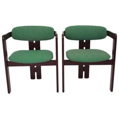 Mid-Century Modern Pair Beech Burgundy Red Green Vintage Dining Chairs, 1970s