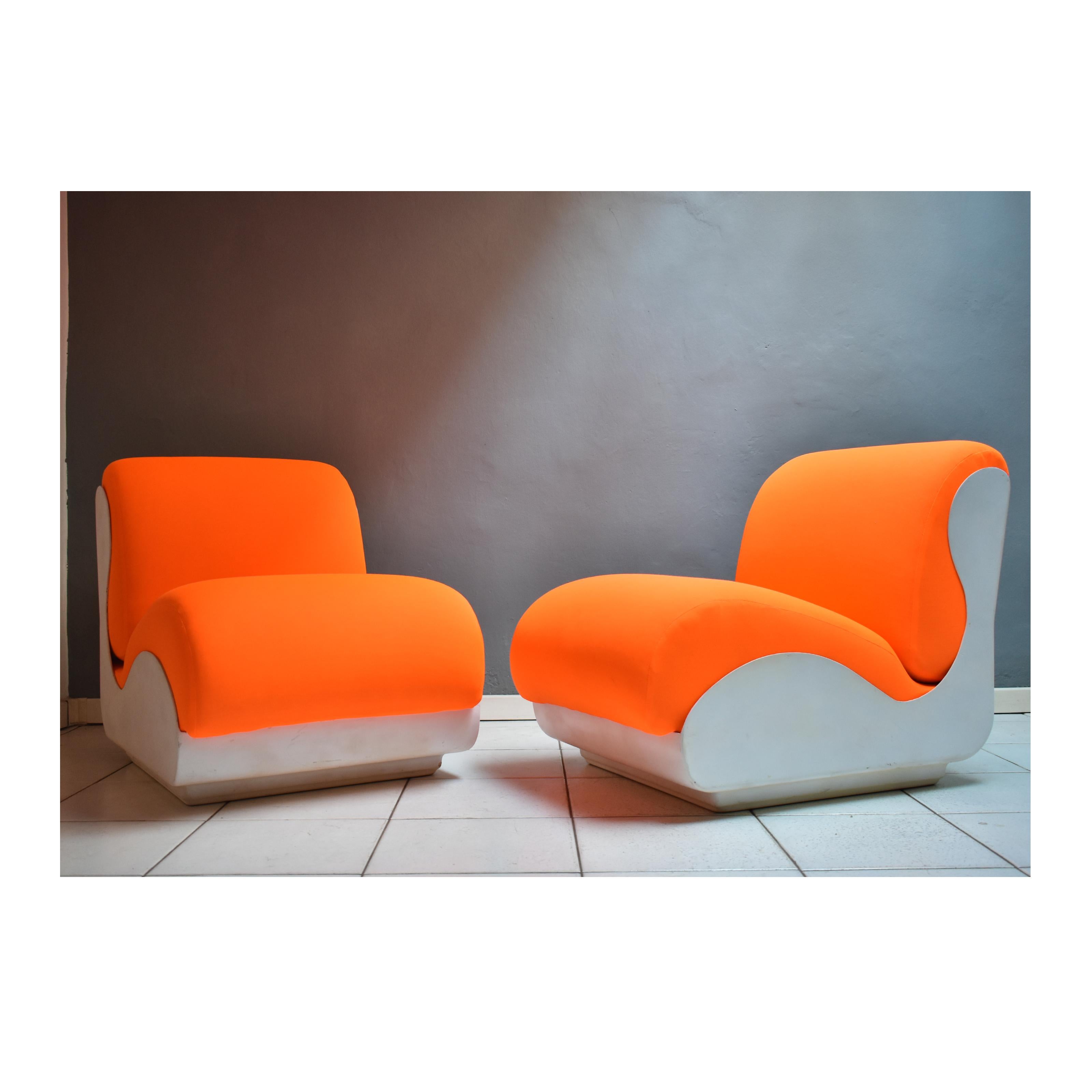 Fabric Mid-Century Modern Italian, 1970s Set of 2 Armchairs orange fluo white structure For Sale