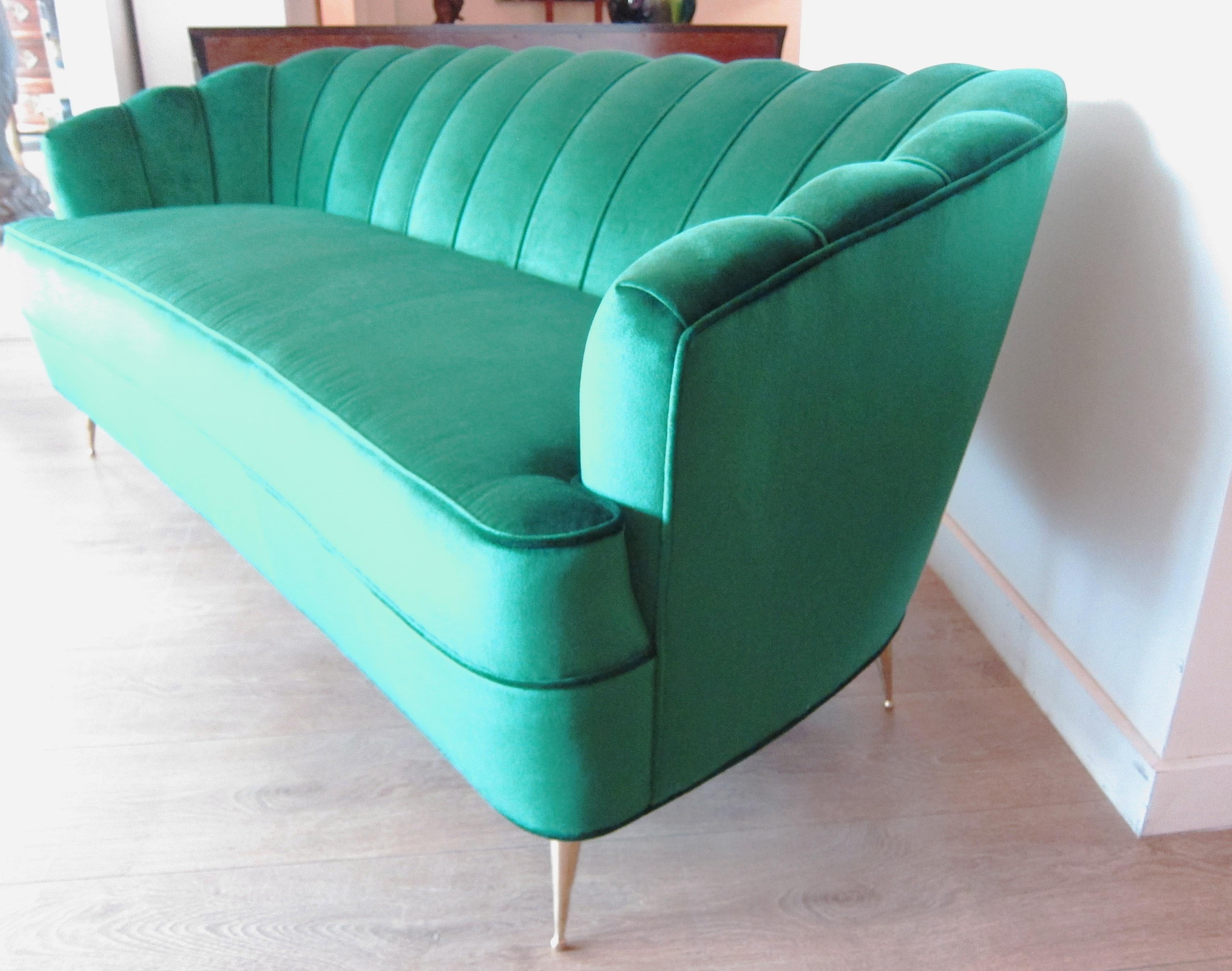 Plated Settee Emerald Green Velvet, Italy 1950