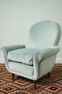 Italian 1950s Mid-Century Modern 'Shell' Back Armchair in Aqua Velvet