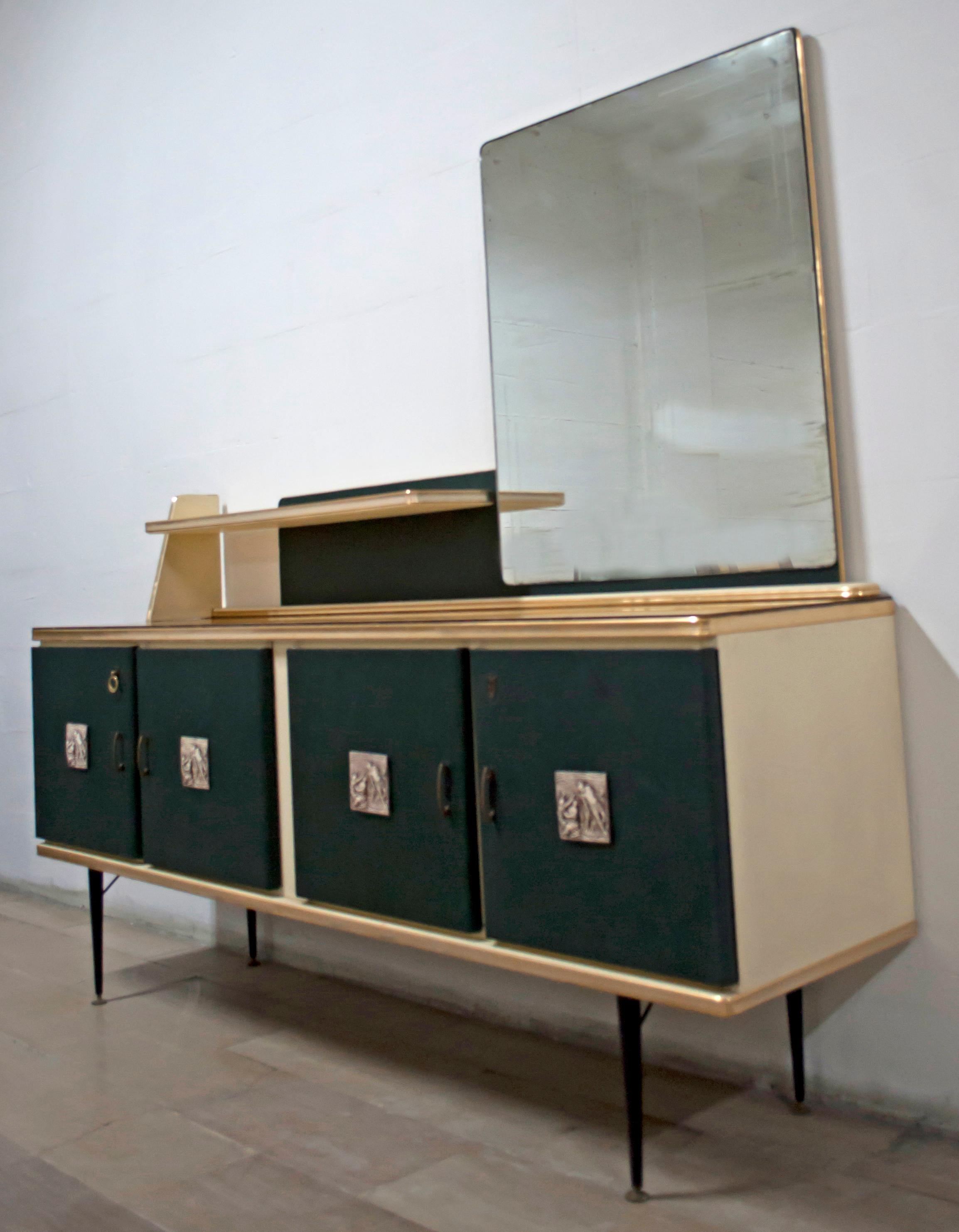 Four-door sideboard from the 1950s, made with green vinyl doors, inspired by the production of Umberto Mascagni. The main body structure is made of European wood. This piece features a cream vinyl with anodized aluminum, both outside and inside. The