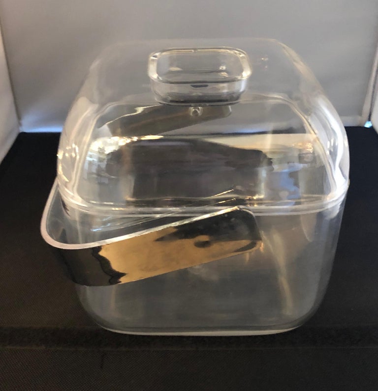 Ice Bucket Lucite with Shell and Fitted Lid, Chrome Plate Handle and