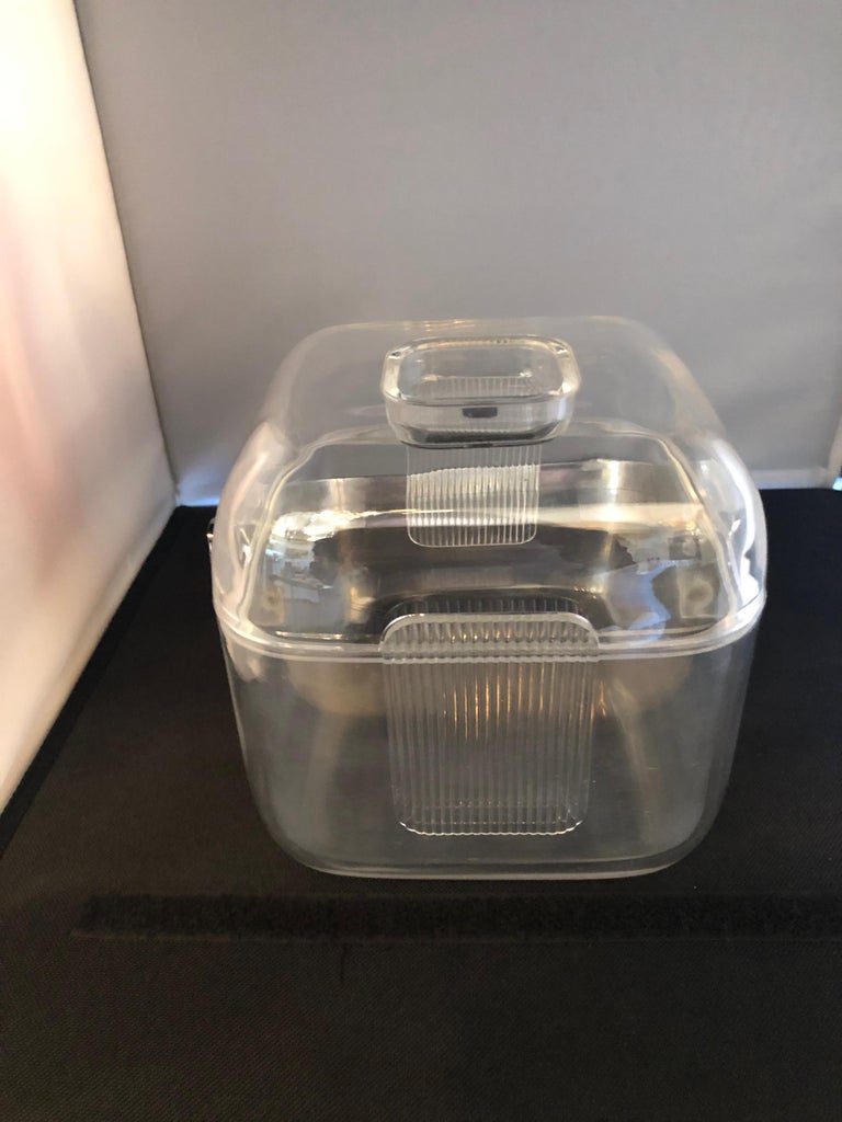 Ice Bucket Lucite with Shell and Fitted Lid, Chrome Plate Handle and