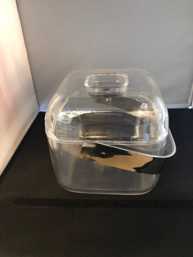 Ice Bucket Lucite with Shell and Fitted Lid, Chrome Plate Handle and