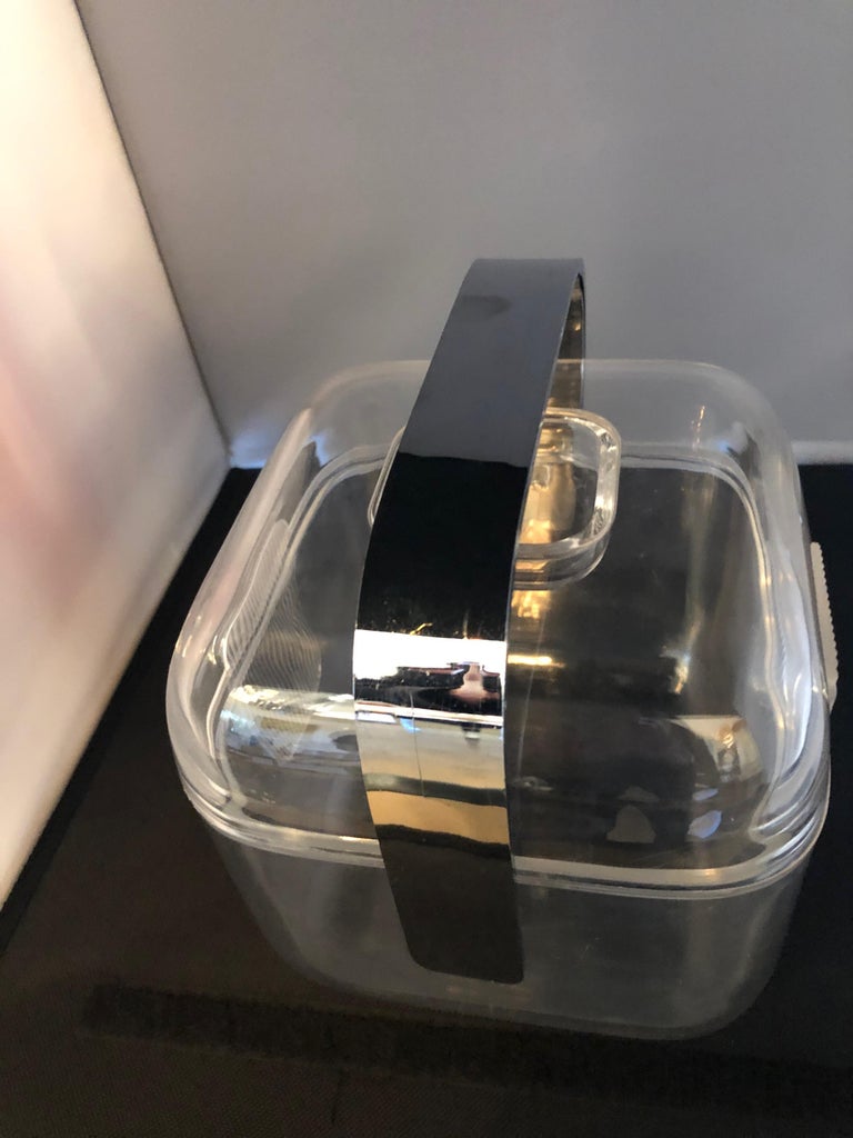 Ice Bucket Lucite with Shell and Fitted Lid, Chrome Plate Handle and