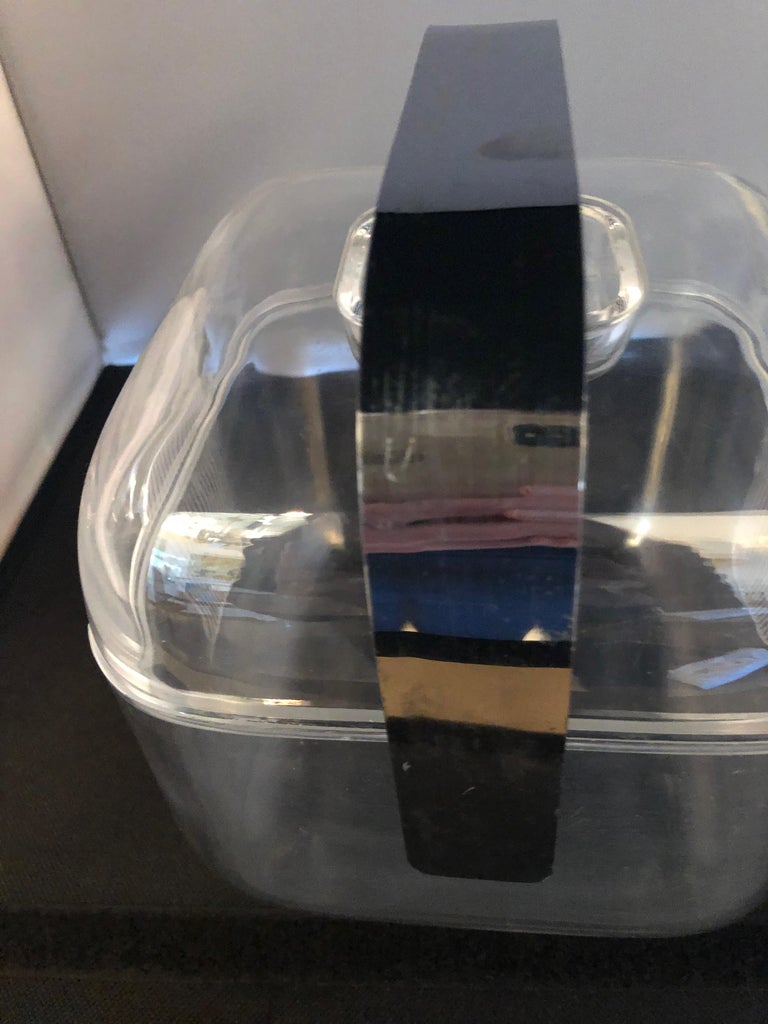 Ice Bucket Lucite with Shell and Fitted Lid, Chrome Plate Handle and