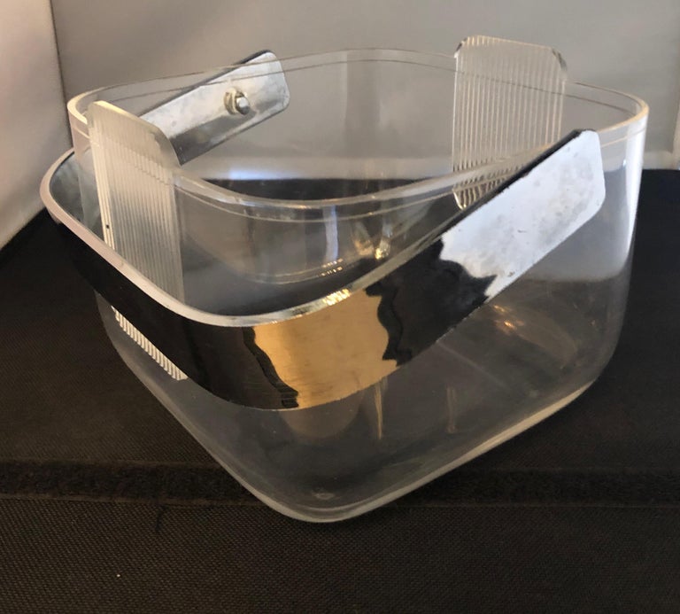 Ice Bucket Lucite with Shell and Fitted Lid, Chrome Plate Handle and