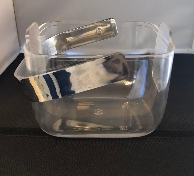 Ice Bucket Lucite with Shell and Fitted Lid, Chrome Plate Handle and