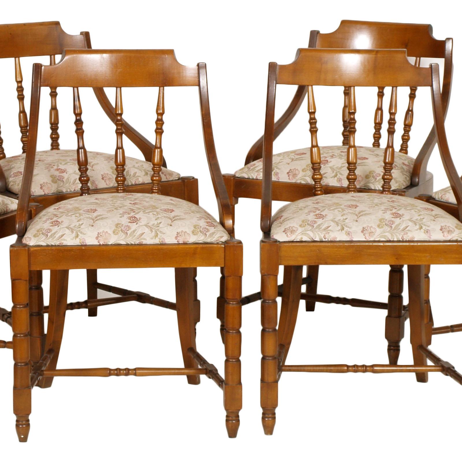 Country Mid-Century Modern Italian Six Gondola Dinner Chairs Walnut, Original Upholstery For Sale