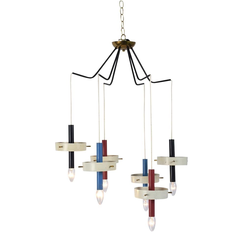 Illuminate your space with our Mid-Century Modern Italian six-light chandelier. This unique piece, in good condition, has been newly restored to bring a touch of vibrant elegance to your home. The chandelier features six light arms, painted in a