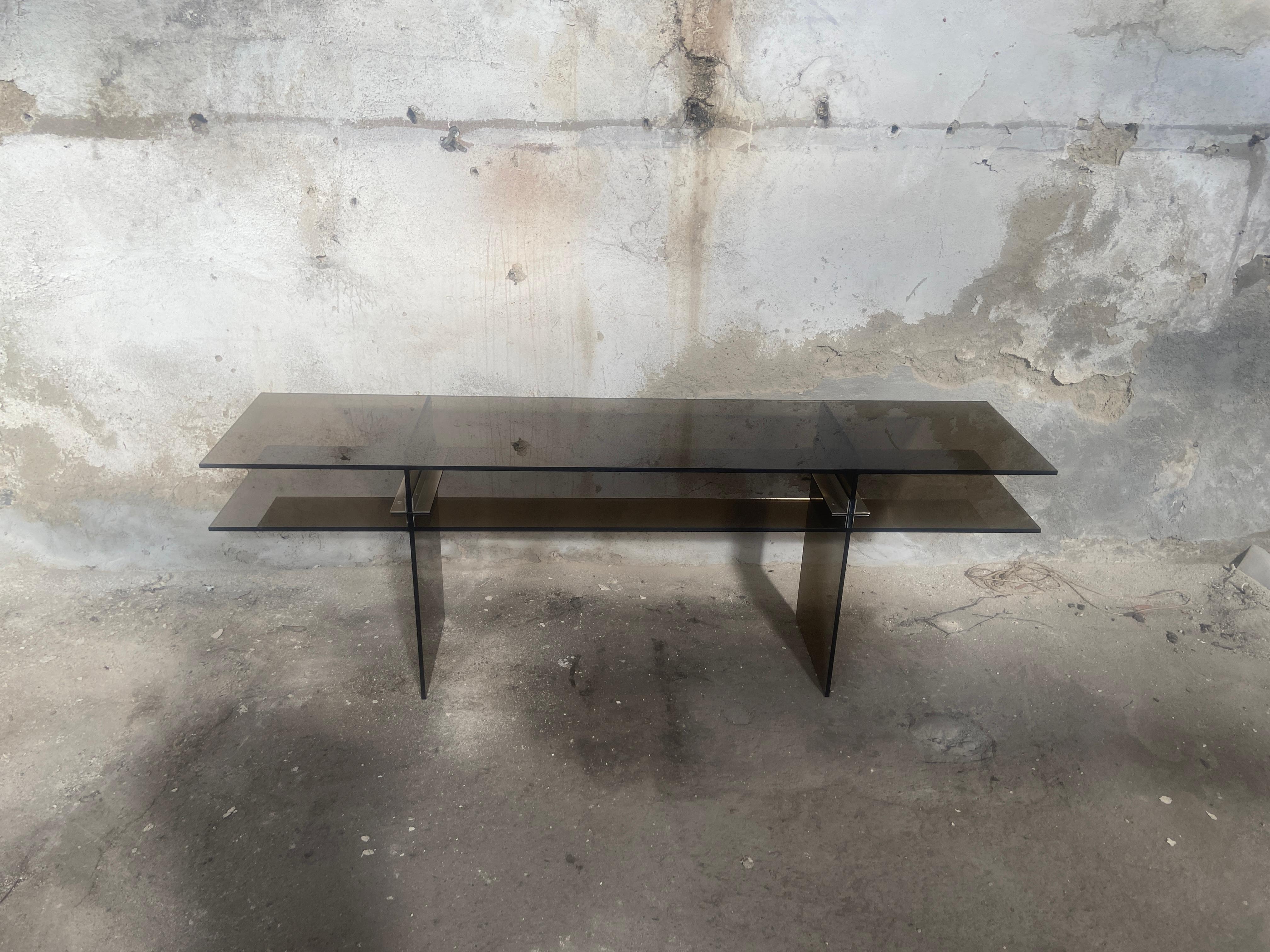 Late 20th Century Mid-Century Modern Italian Smoked Glass Console with Stainless Steel Junctions For Sale