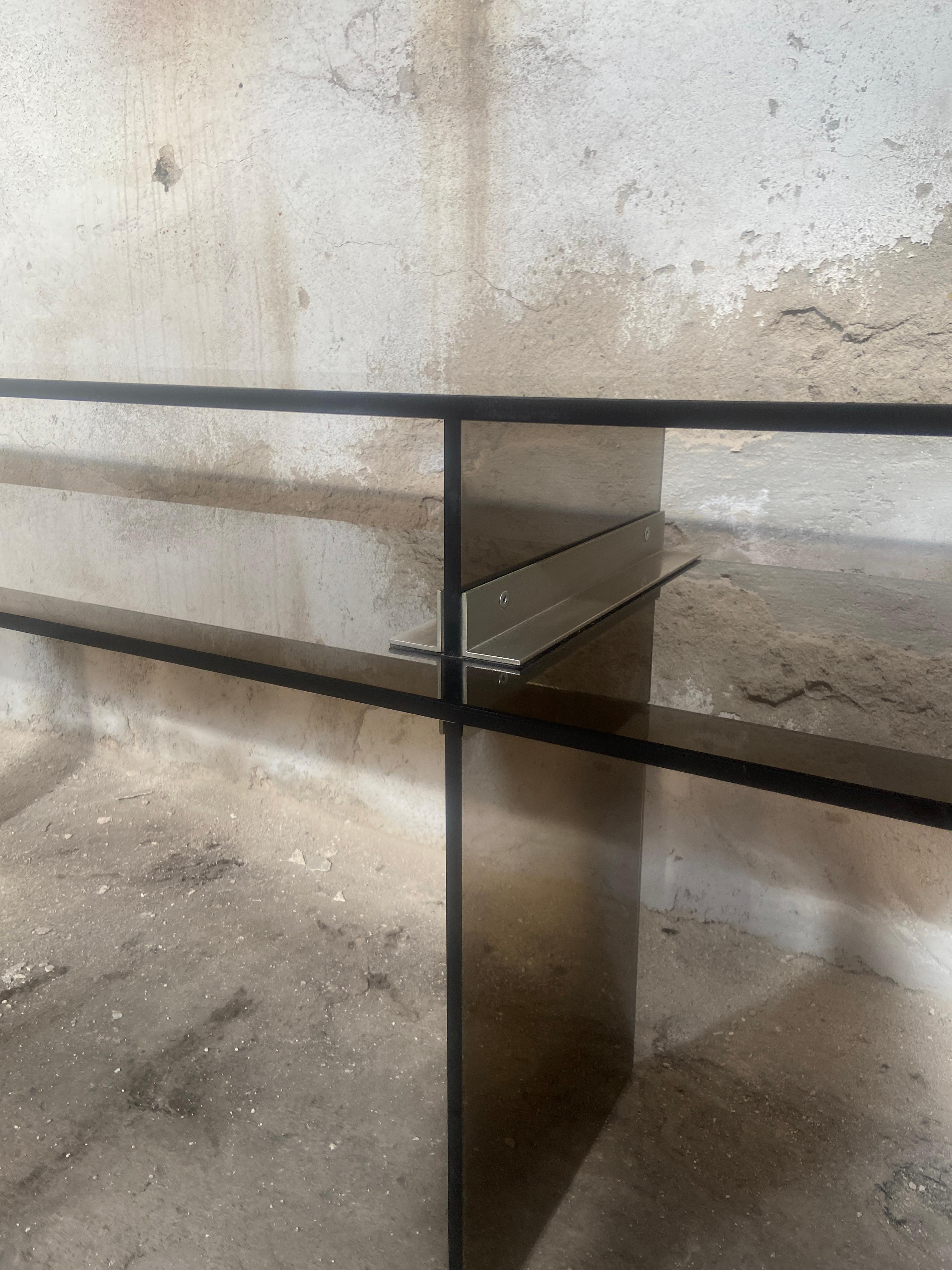 Mid-Century Modern Italian Smoked Glass Console with Stainless Steel Junctions For Sale 1