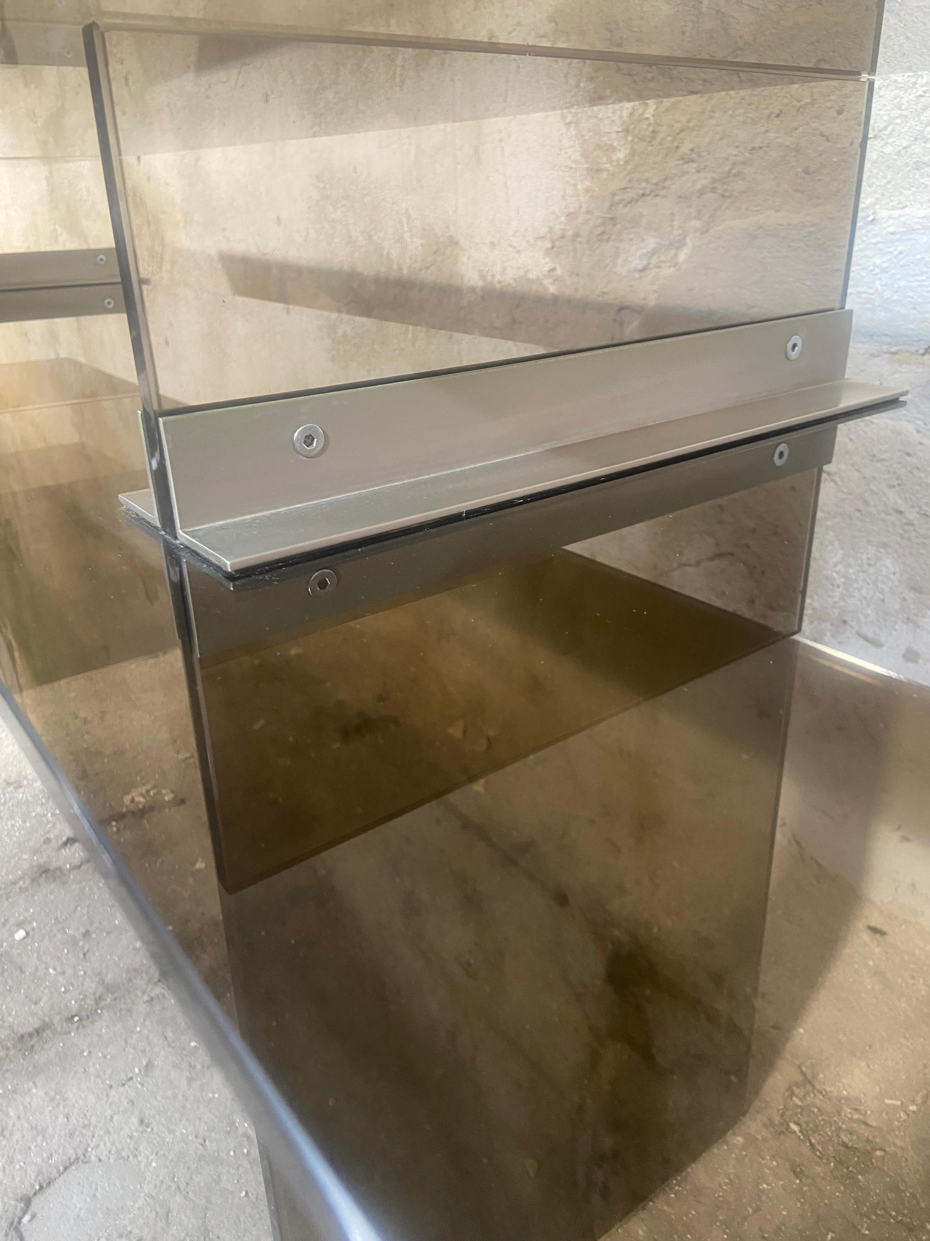 Mid-Century Modern Italian Smoked Glass Console with Stainless Steel Junctions For Sale 3