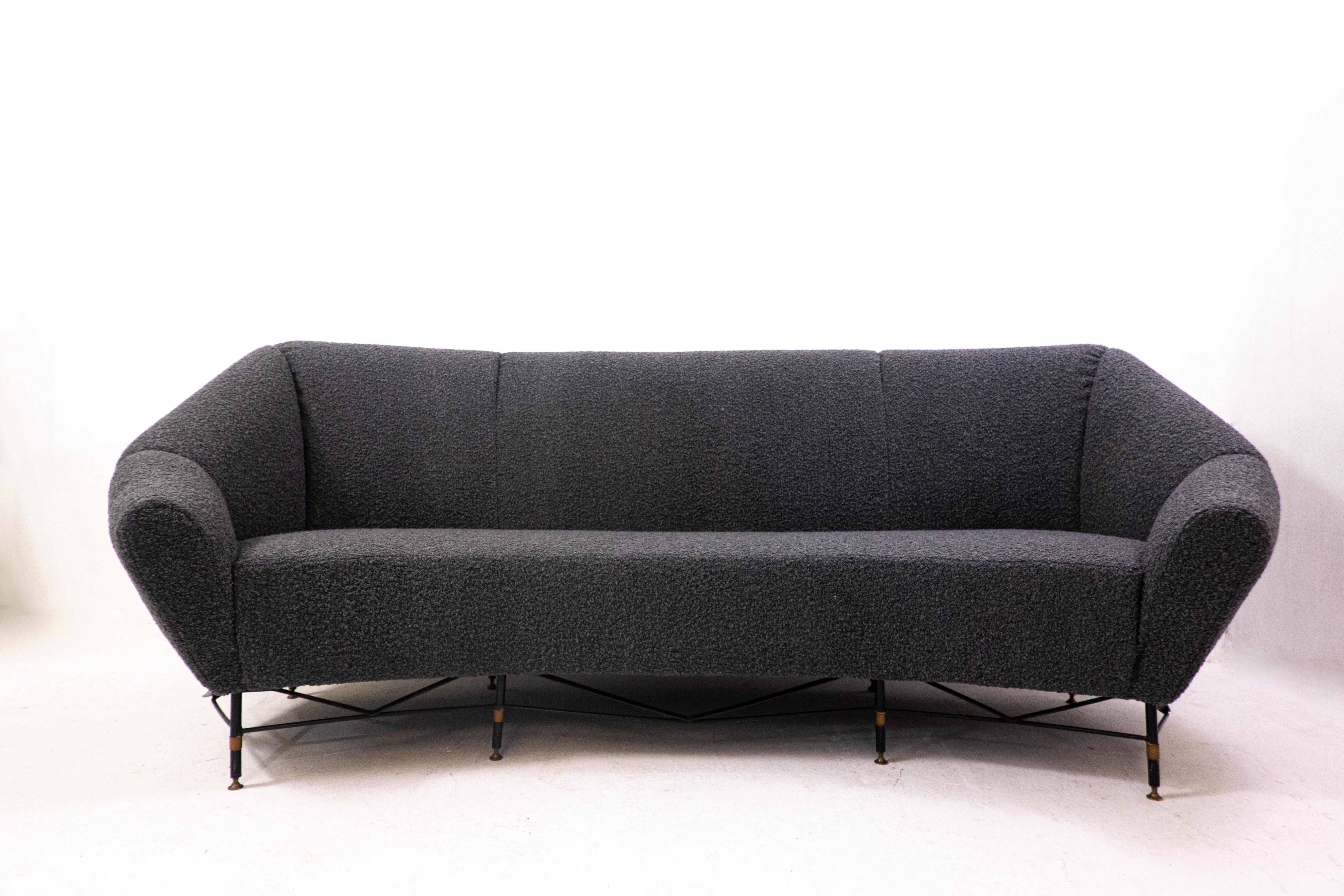 Mid-Century Modern Italian sofa, 1950s - New upholstery black bouclette.