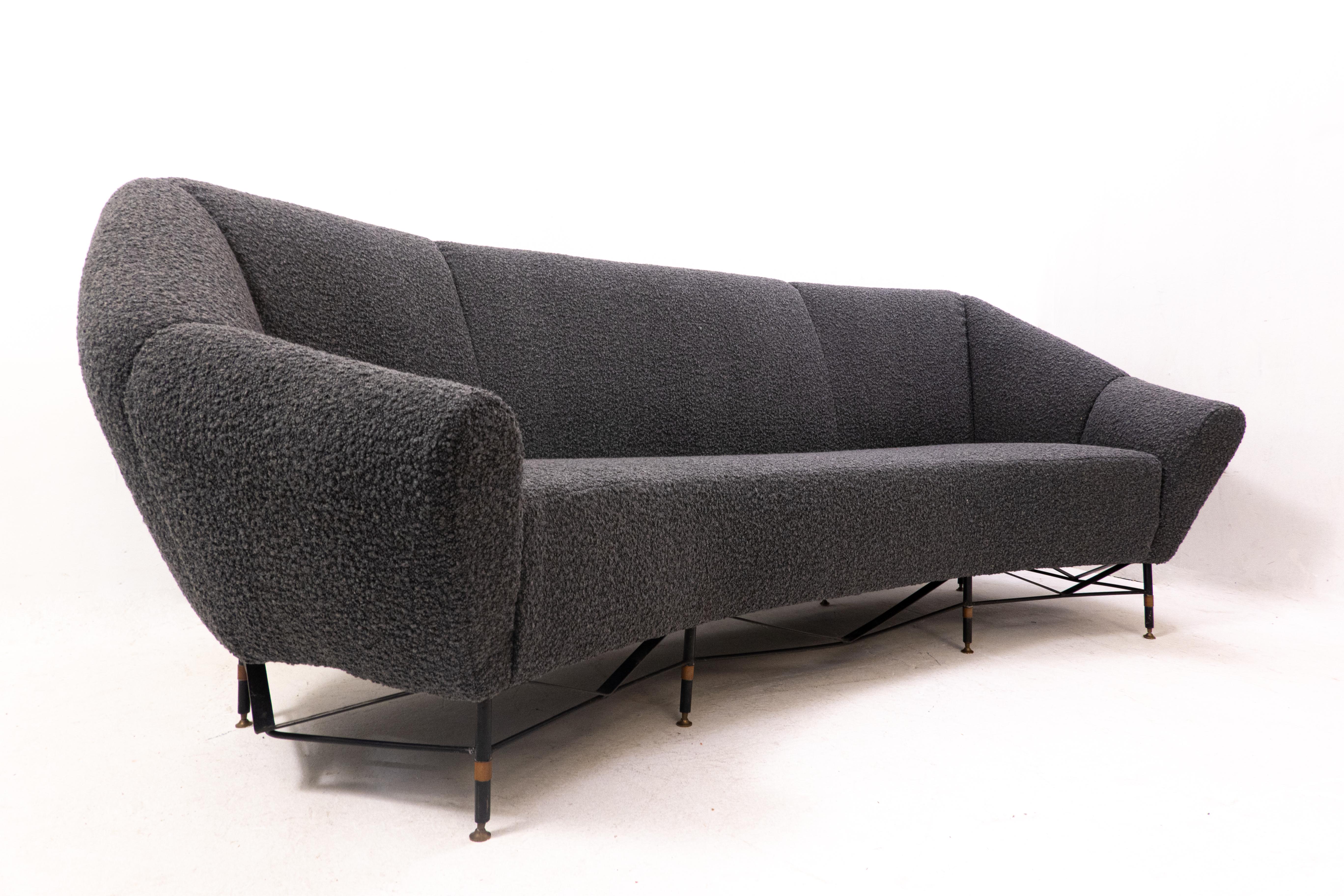 Mid-Century Modern Italian Sofa, 1950s, New Upholstery Black Bouclette For Sale 1