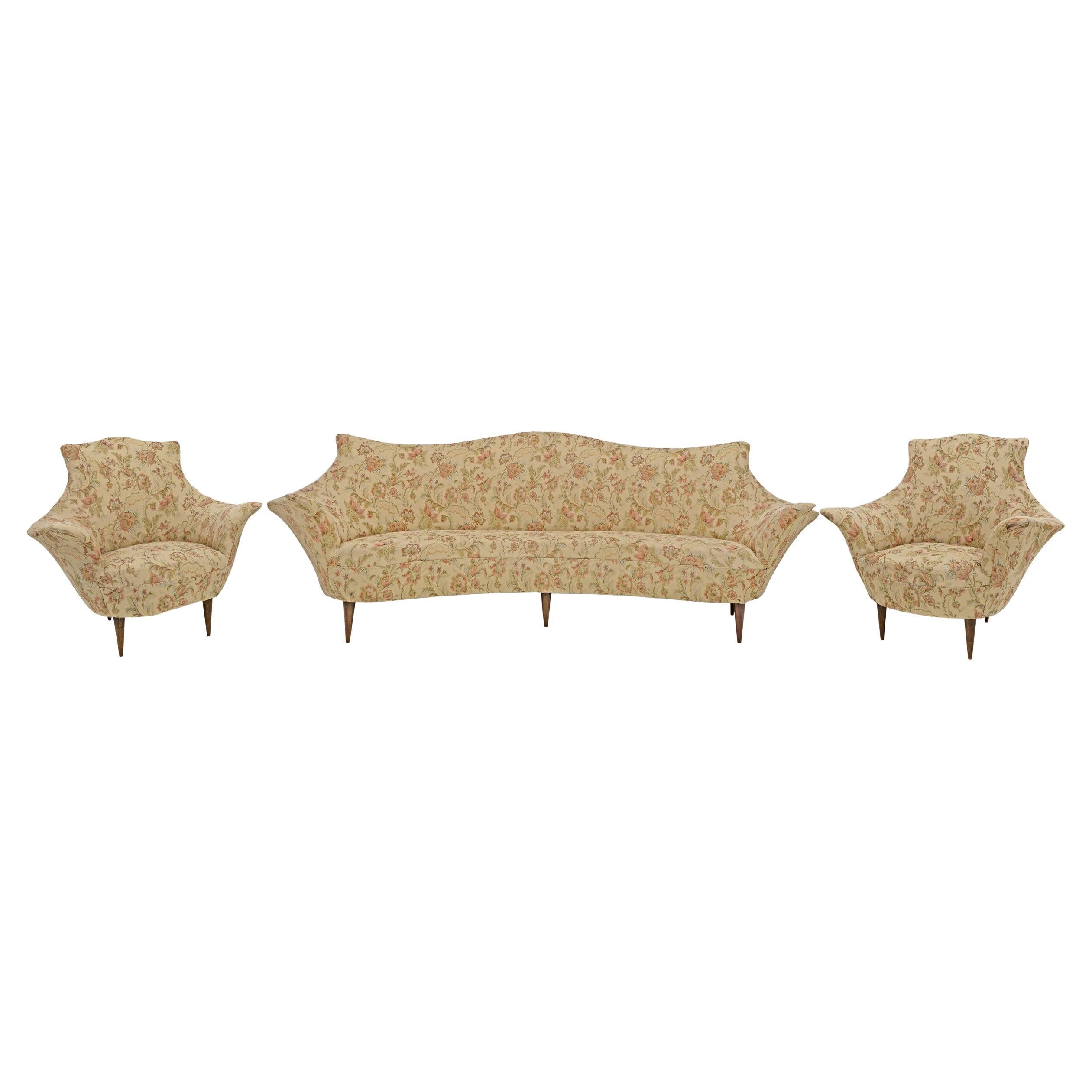 Mid-Century Modern Italian Sofa and Two Armchairs, Manta model, 1950s
