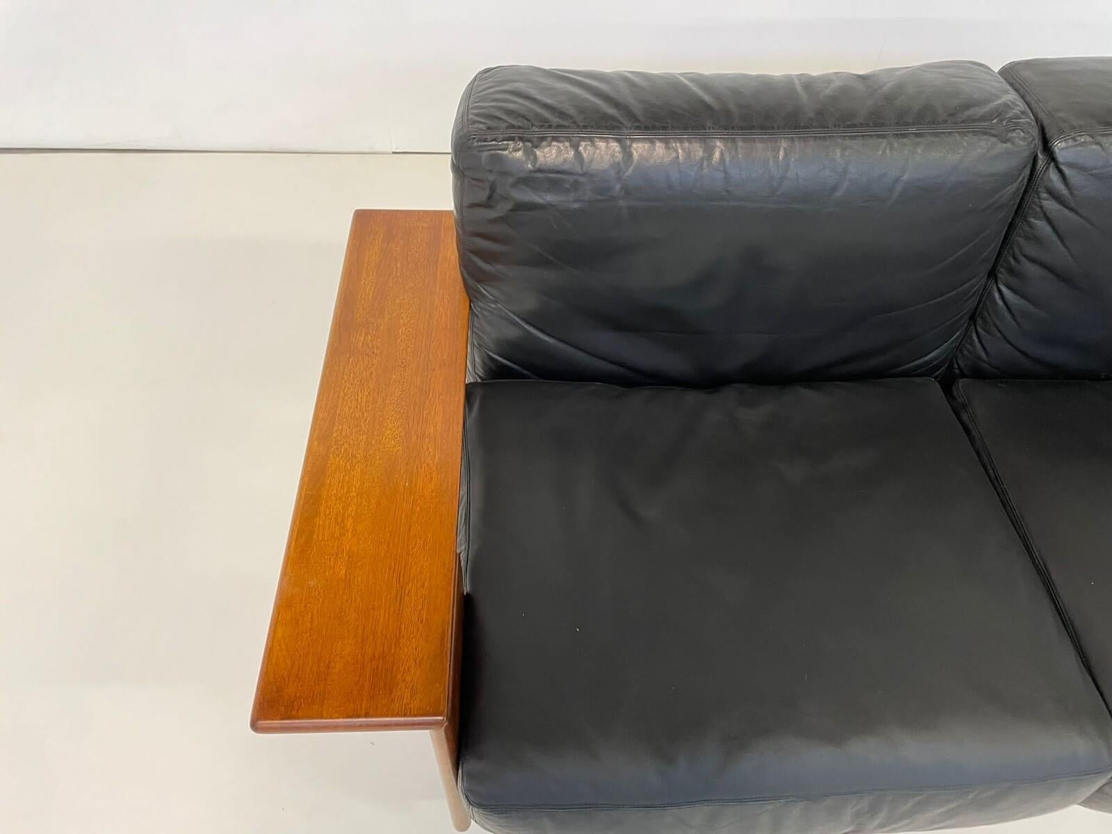 Mid-Century Modern Italian Sofa, Black Leather and Wood, 1960s, Two Available For Sale 7