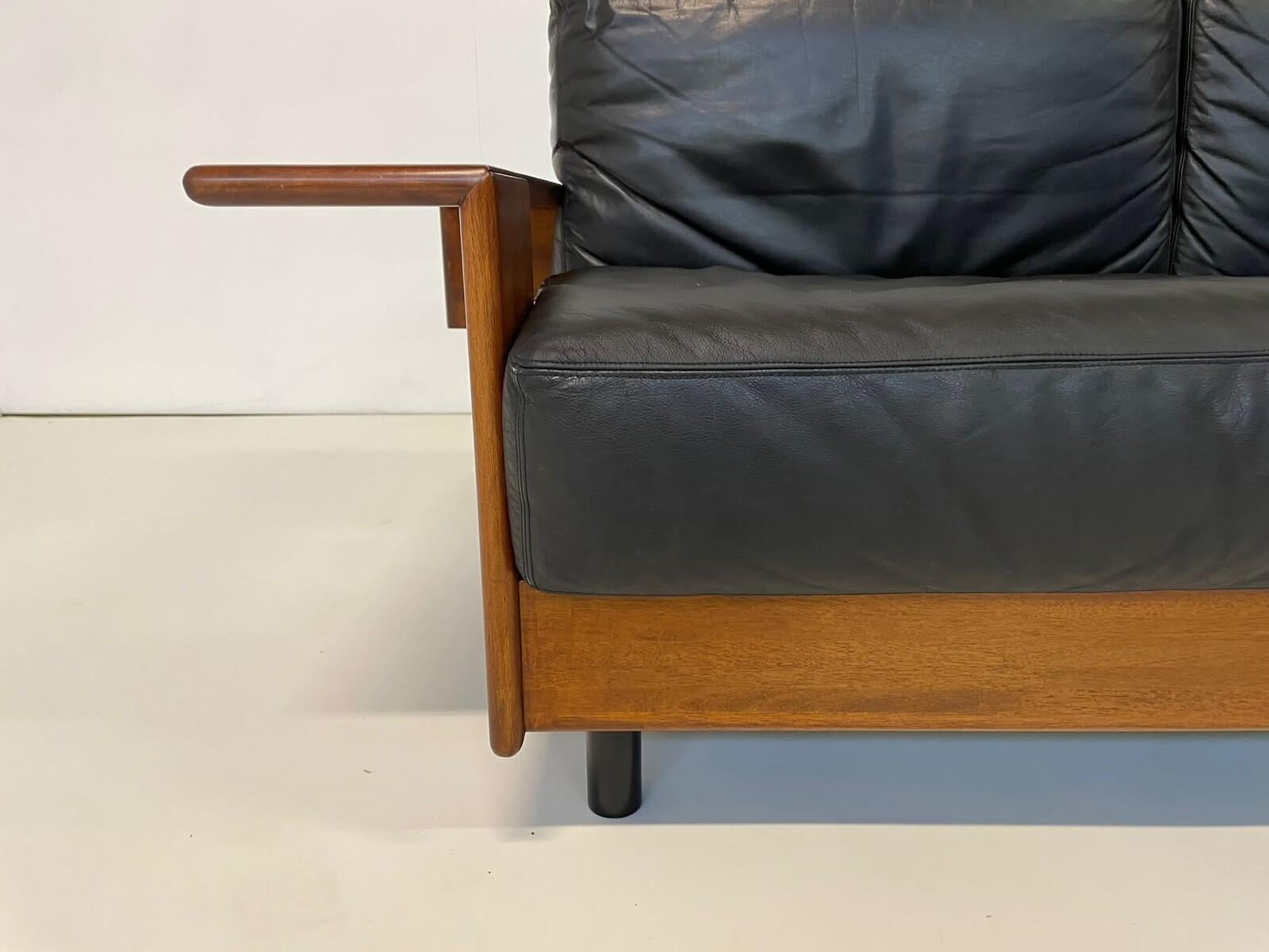 Mid-Century Modern Italian Sofa, Black Leather and Wood, 1960s, Two Available For Sale 11