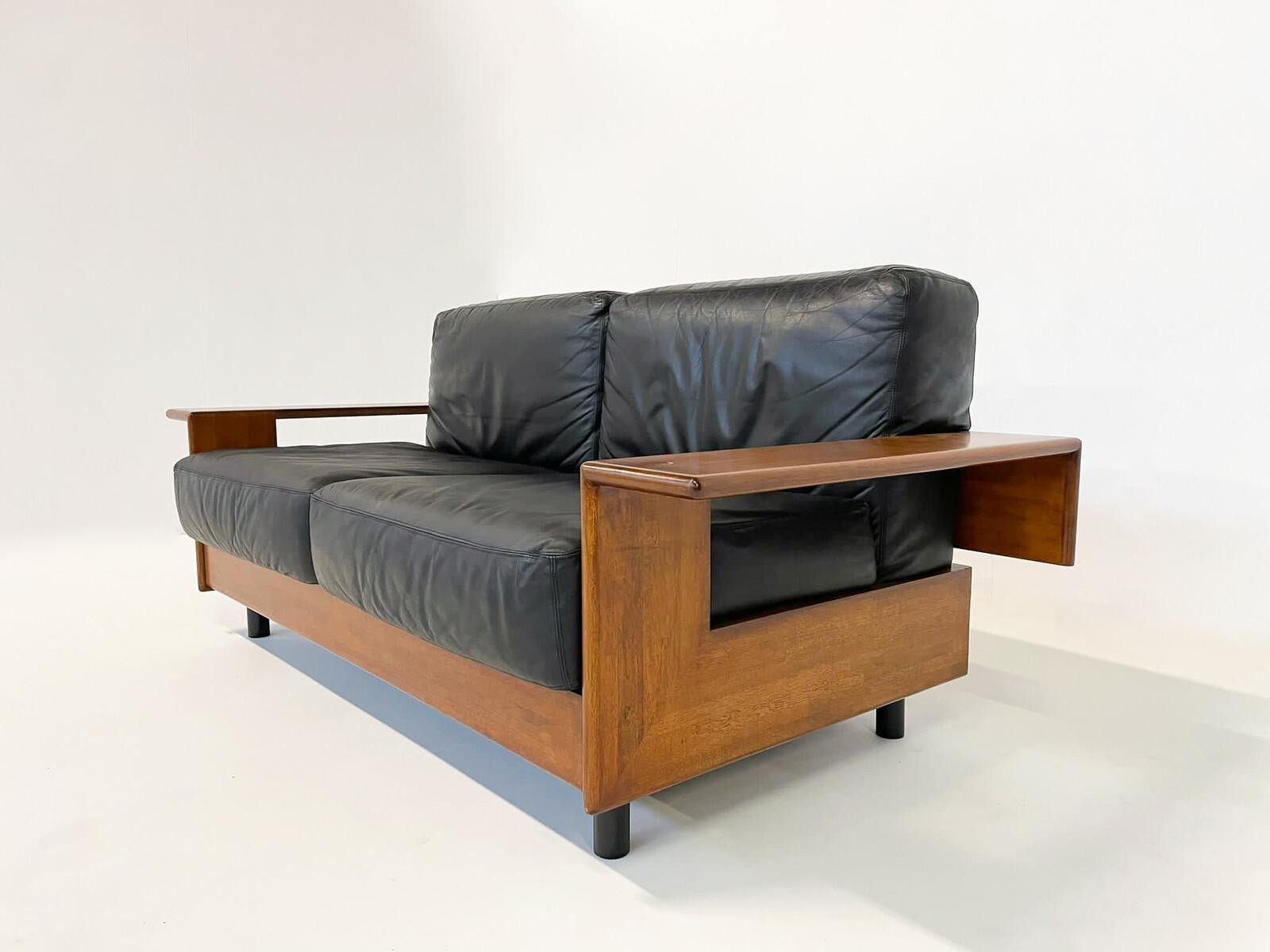 Mid-Century Modern Italian sofa, black leather and wood, 1960s - two available.