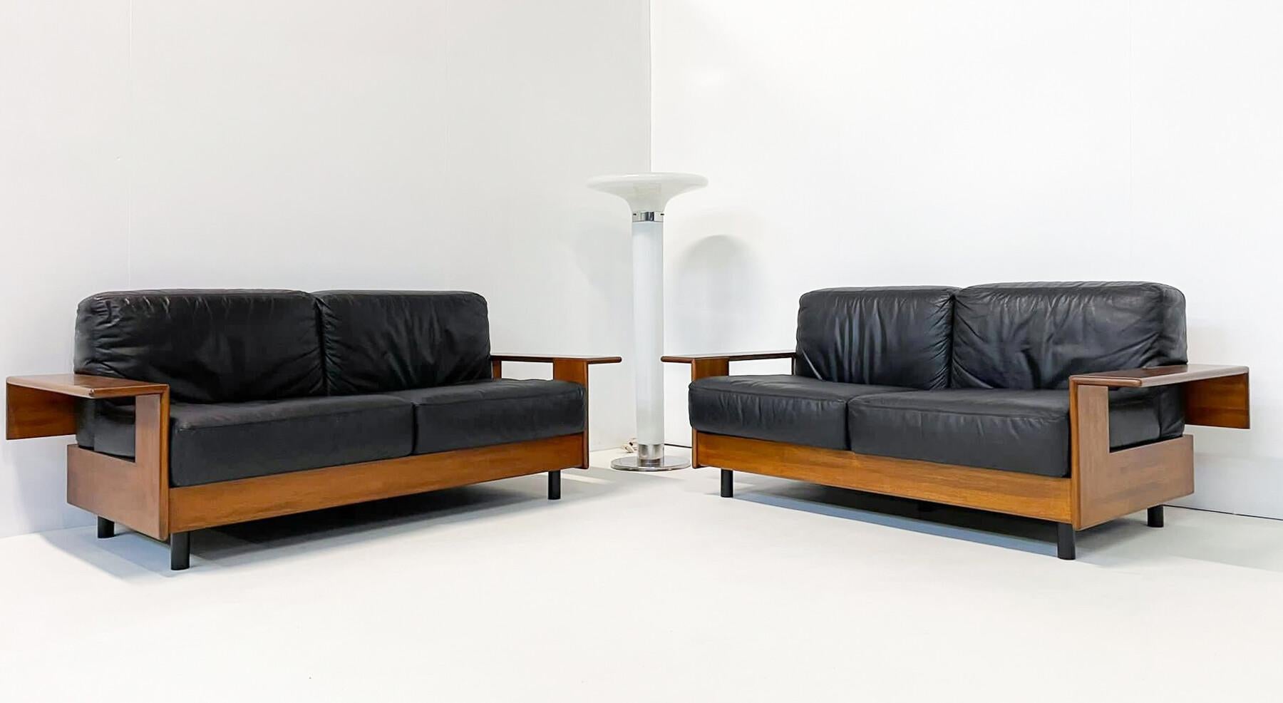 Mid-20th Century Mid-Century Modern Italian Sofa, Black Leather and Wood, 1960s, Two Available For Sale