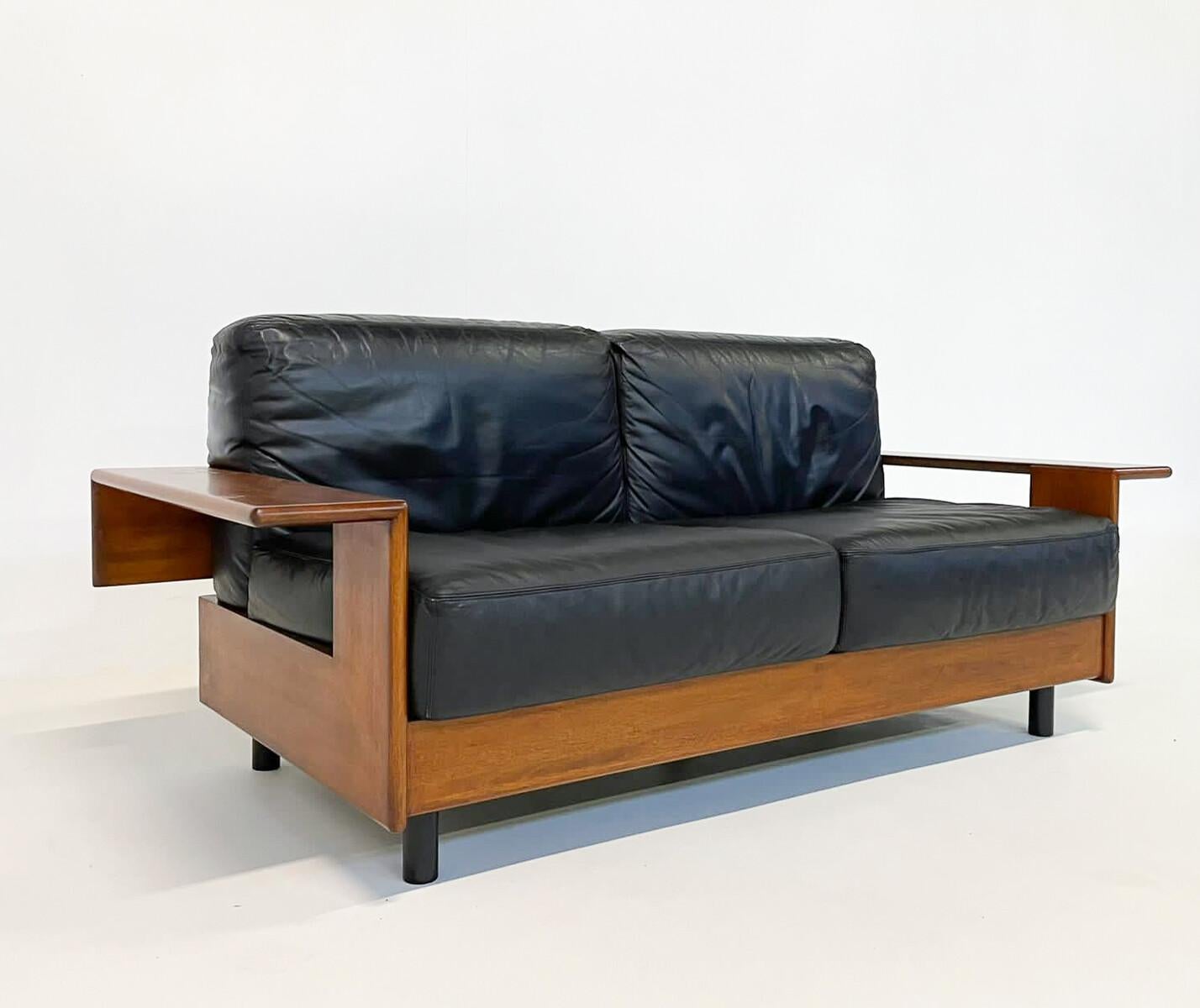 Mid-Century Modern Italian Sofa, Black Leather and Wood, 1960s, Two Available For Sale 1