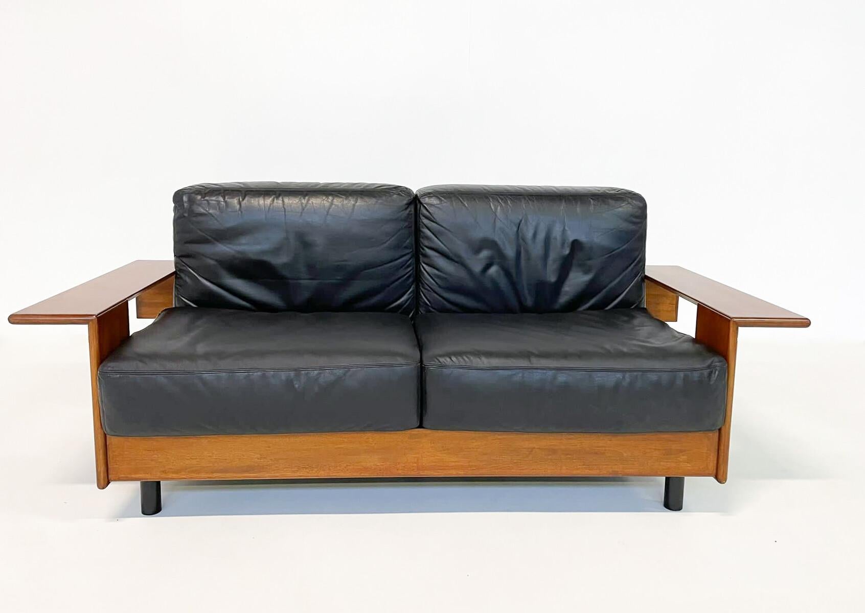 Mid-Century Modern Italian Sofa, Black Leather and Wood, 1960s, Two Available For Sale 2