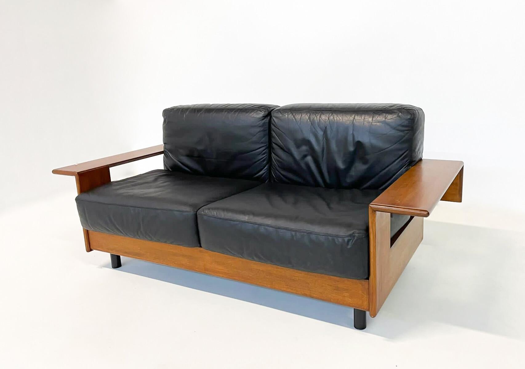 Mid-Century Modern Italian Sofa, Black Leather and Wood, 1960s, Two Available For Sale 4