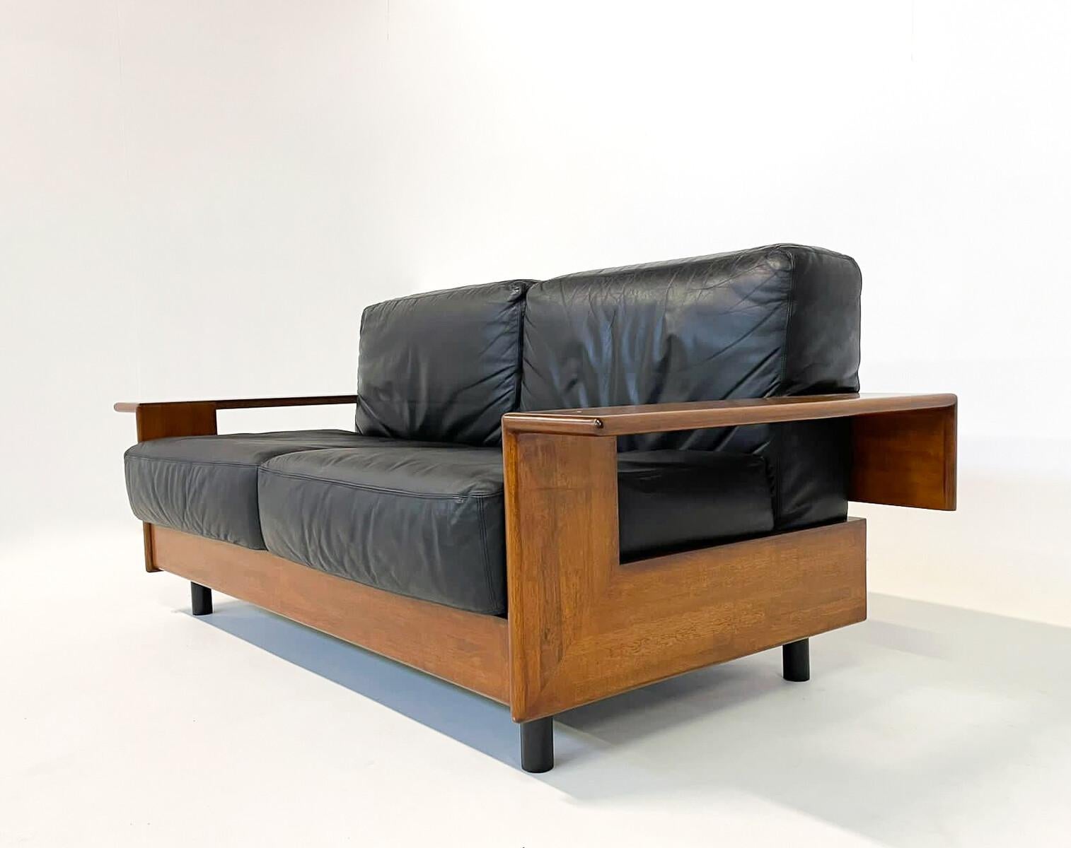 Mid-Century Modern Italian Sofa, Black Leather and Wood, 1960s, Two Available For Sale 5