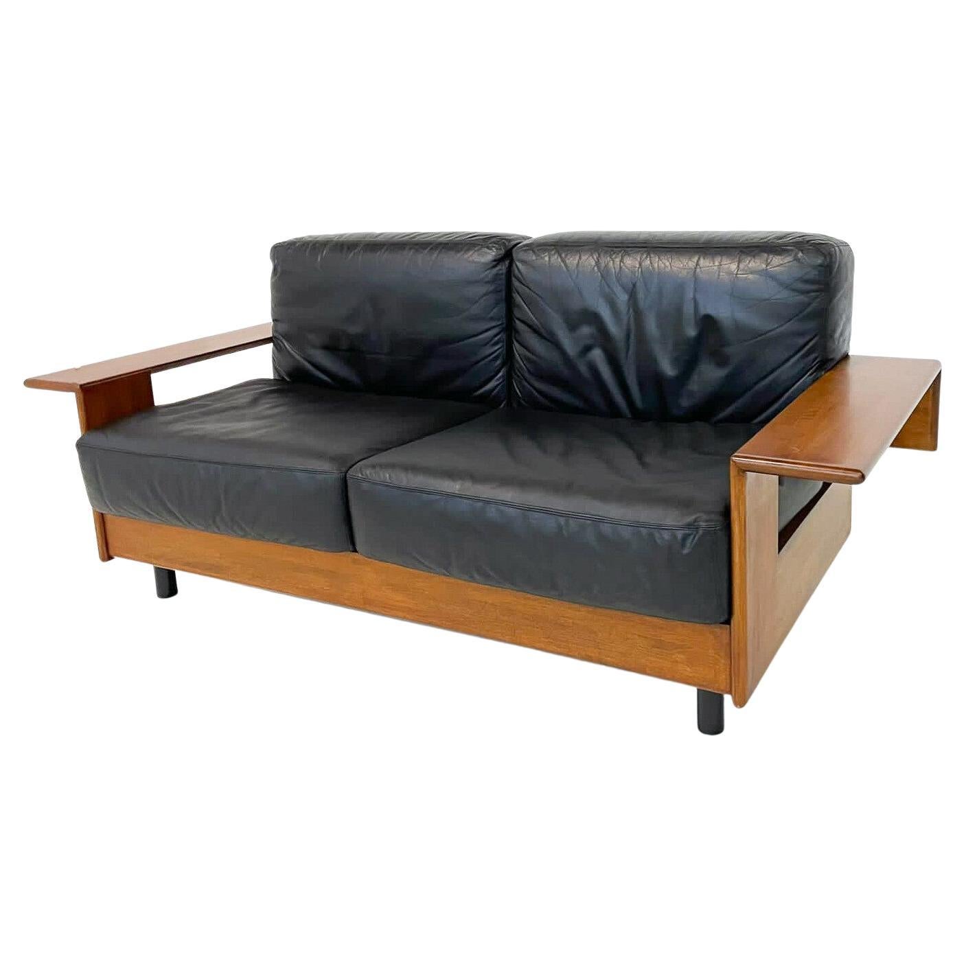 Mid-Century Modern Italian Sofa, Black Leather and Wood, 1960s, Two Available For Sale