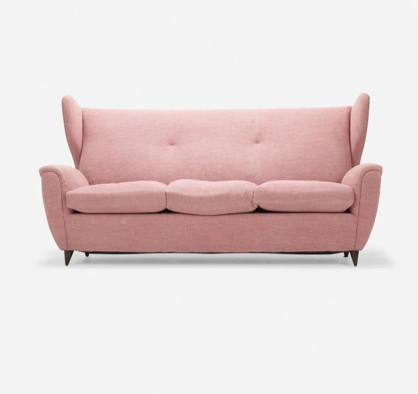 Gio Ponti Style, Mid-Century Modern, Sofa, Pink Fabric, Walnut, Italy, 1970s 8