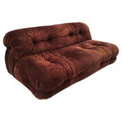 Mid-Century Modern Italian Sofa, Original Brown Velvet, 1970s