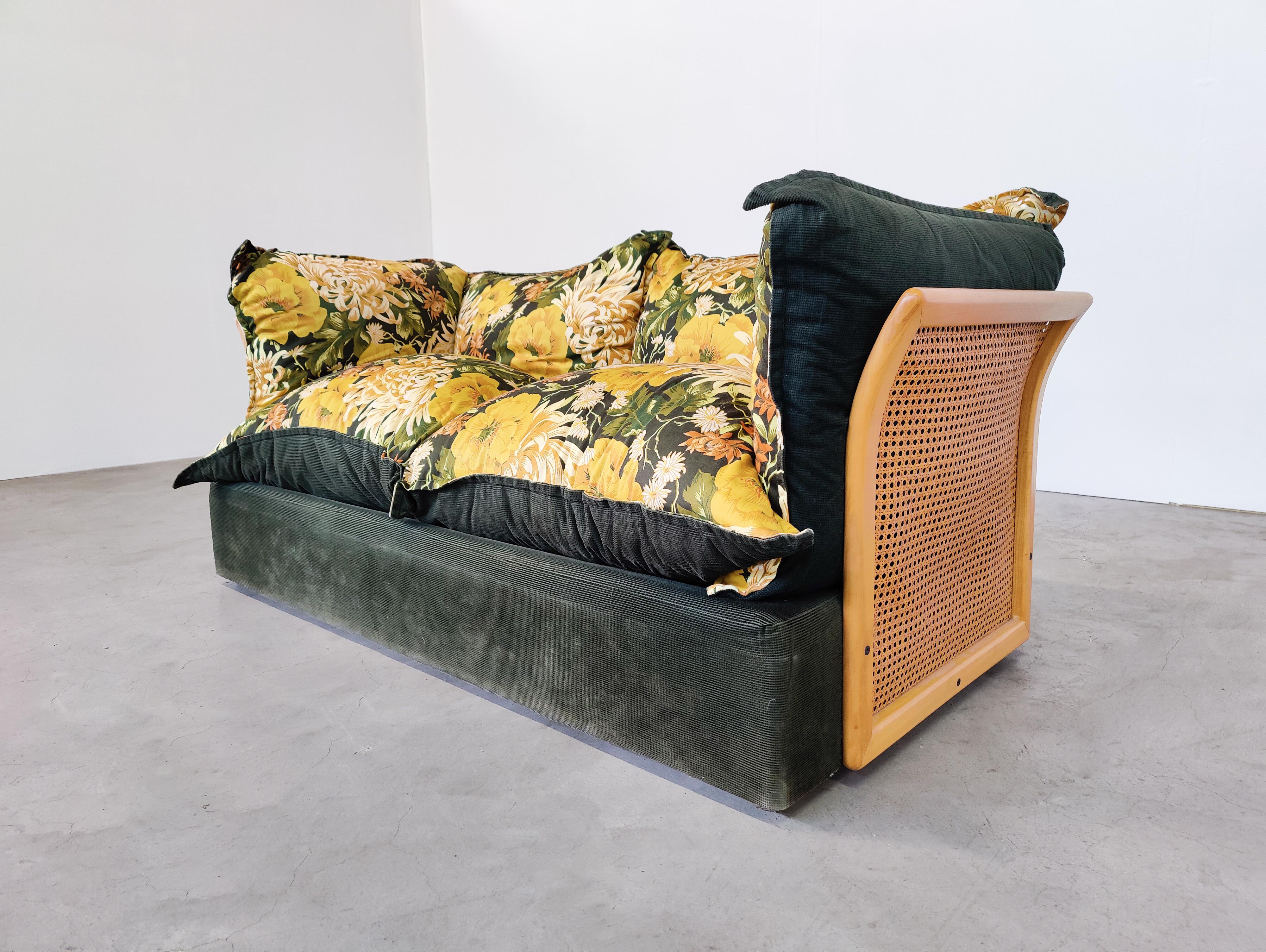 Mid-Century Modern Italian sofa, Rattan and Original Fabric, 1970s.
 