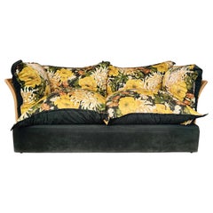 Divano italiano moderno di metà secolo, rattan e tessuto originale, anni '70