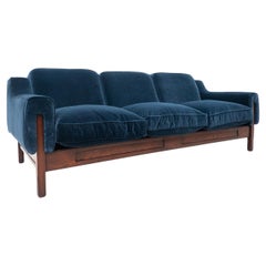 Mid-Century Modern Italian Sofa, Wood and Blue Velvet, 1960s